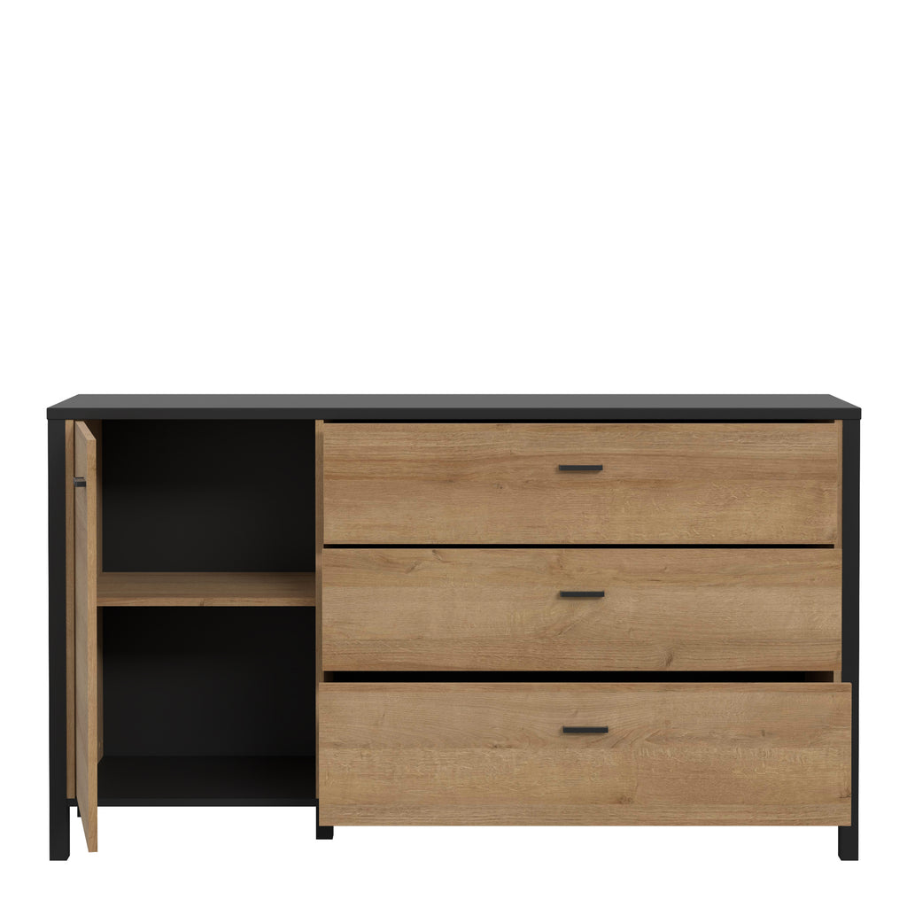 Hampton 1 Door 3 Drawer Sideboard in Matt Black/Riviera Oak