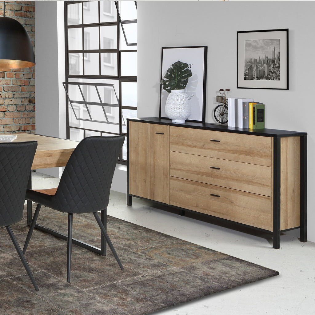 Hampton 1 Door 3 Drawer Sideboard in Matt Black/Riviera Oak