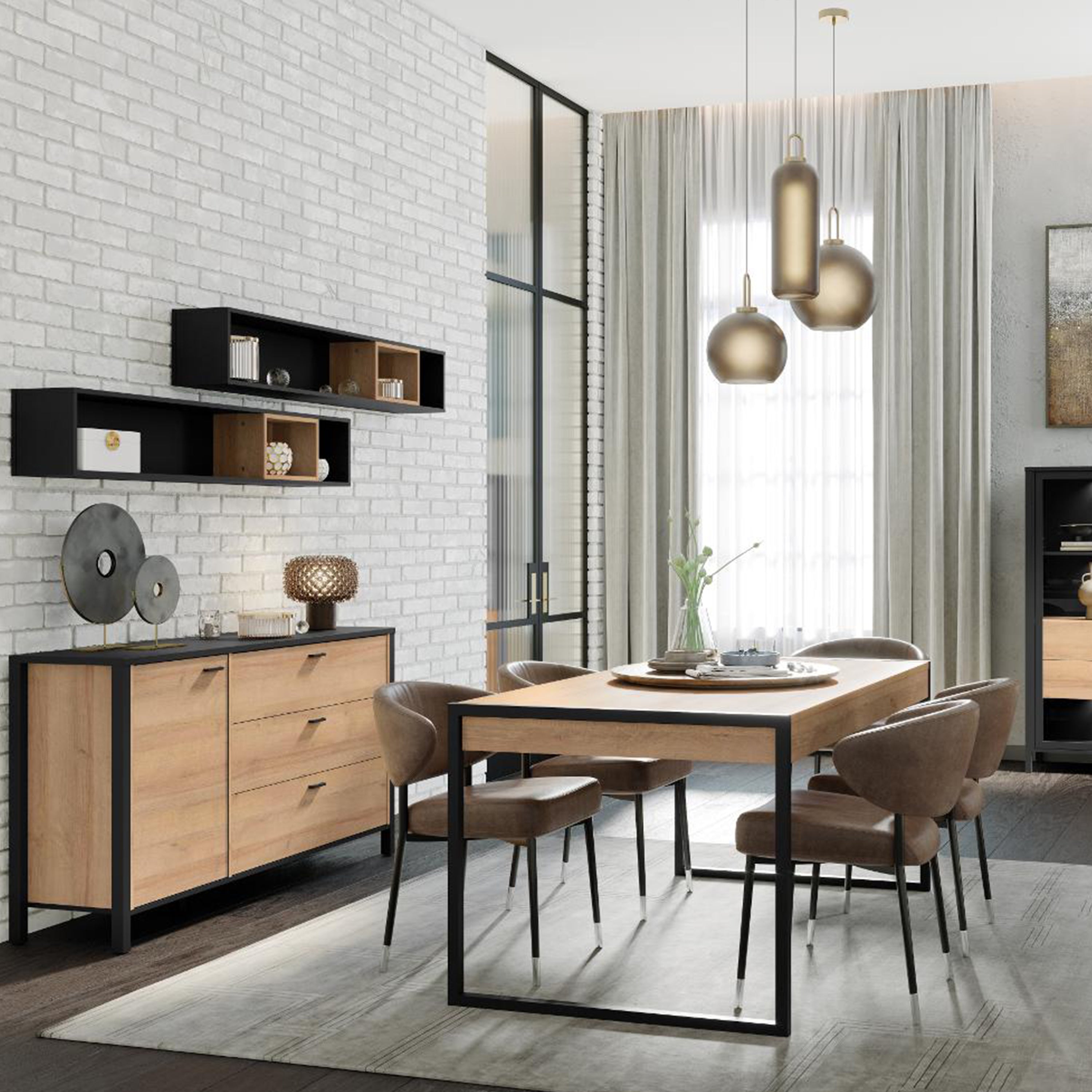 Hampton 1 Door 3 Drawer Sideboard in Matt Black/Riviera Oak
