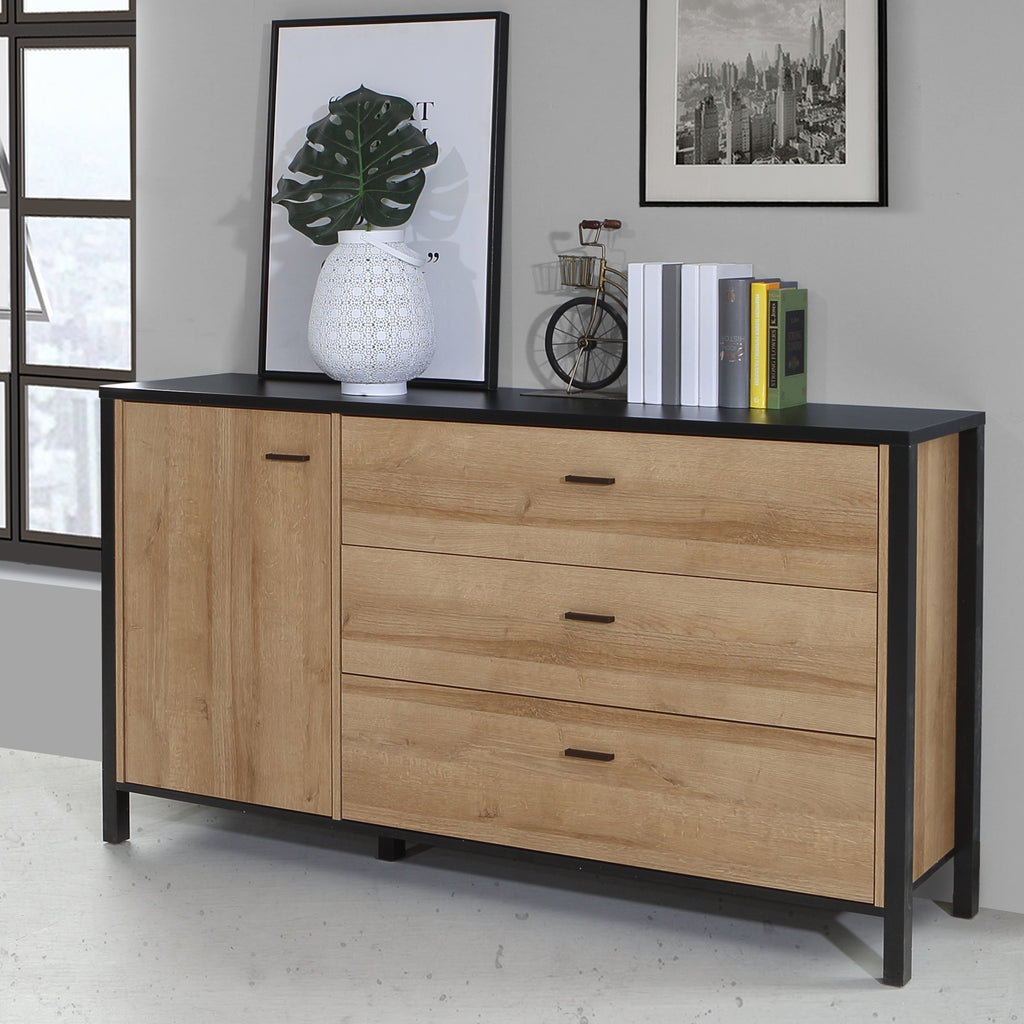 Hampton 1 Door 3 Drawer Sideboard in Matt Black/Riviera Oak
