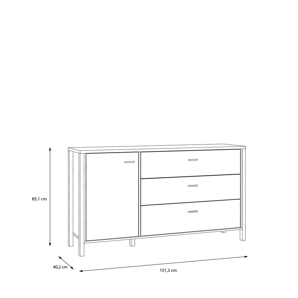 Hampton 1 Door 3 Drawer Sideboard in Matt Black/Riviera Oak