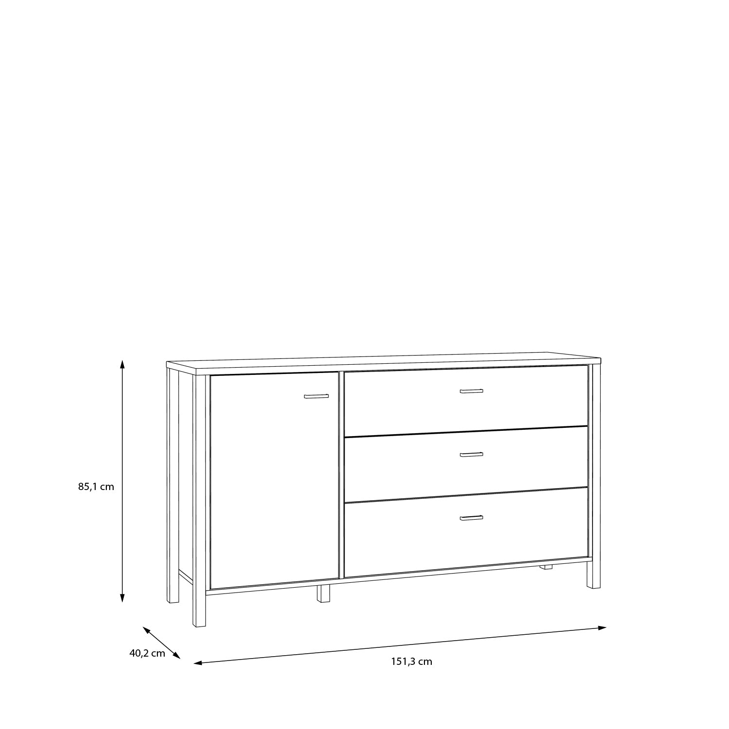 Hampton 1 Door 3 Drawer Sideboard in Matt Black/Riviera Oak