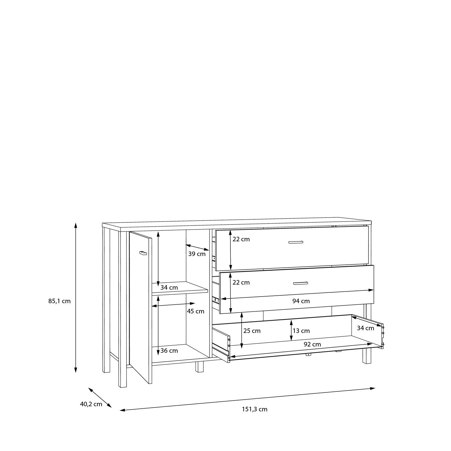 Hampton 1 Door 3 Drawer Sideboard in Matt Black/Riviera Oak