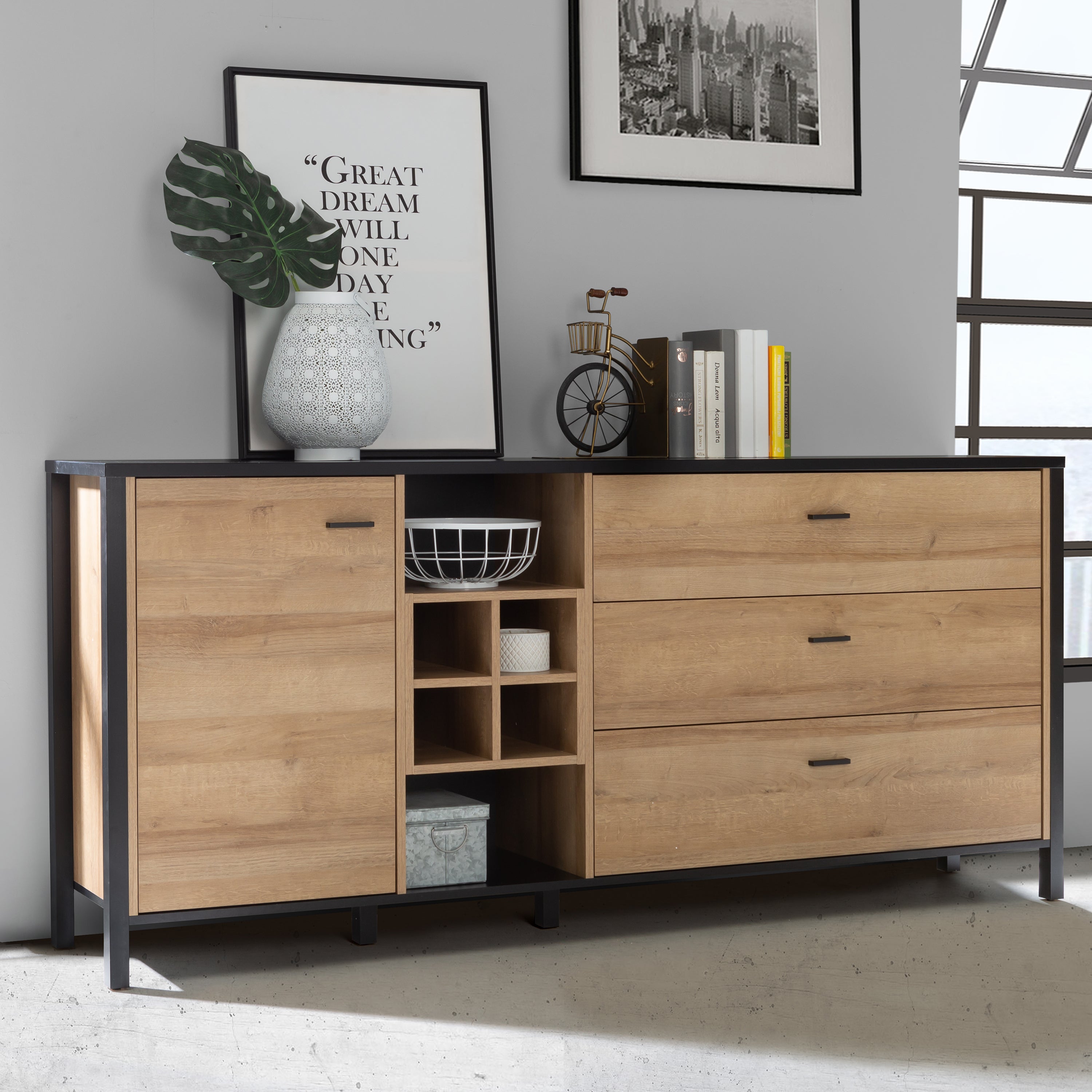 Hampton (Large) Sideboard in Matt Black/Riviera Oak