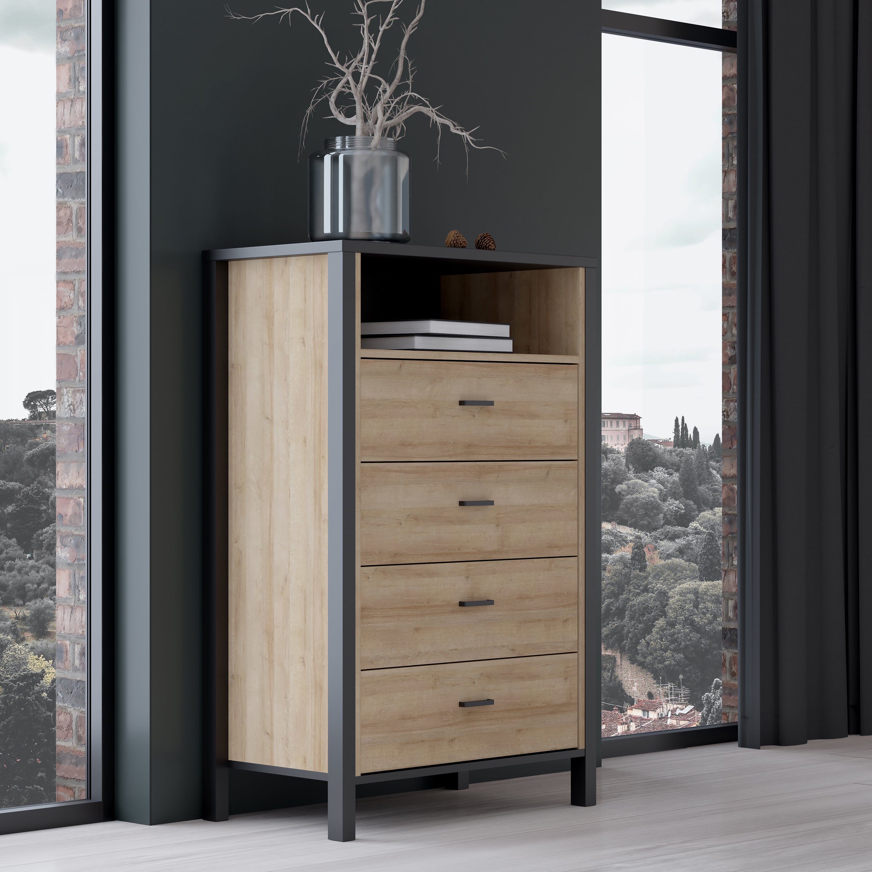 Hampton Chest of 4 Drawers in Matt Black/Riviera Oak