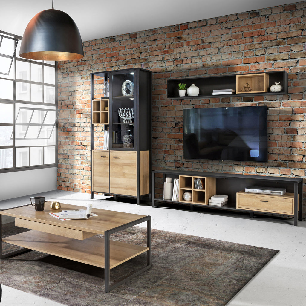 Hampton Wide TV Unit in Matt Black/Riviera Oak