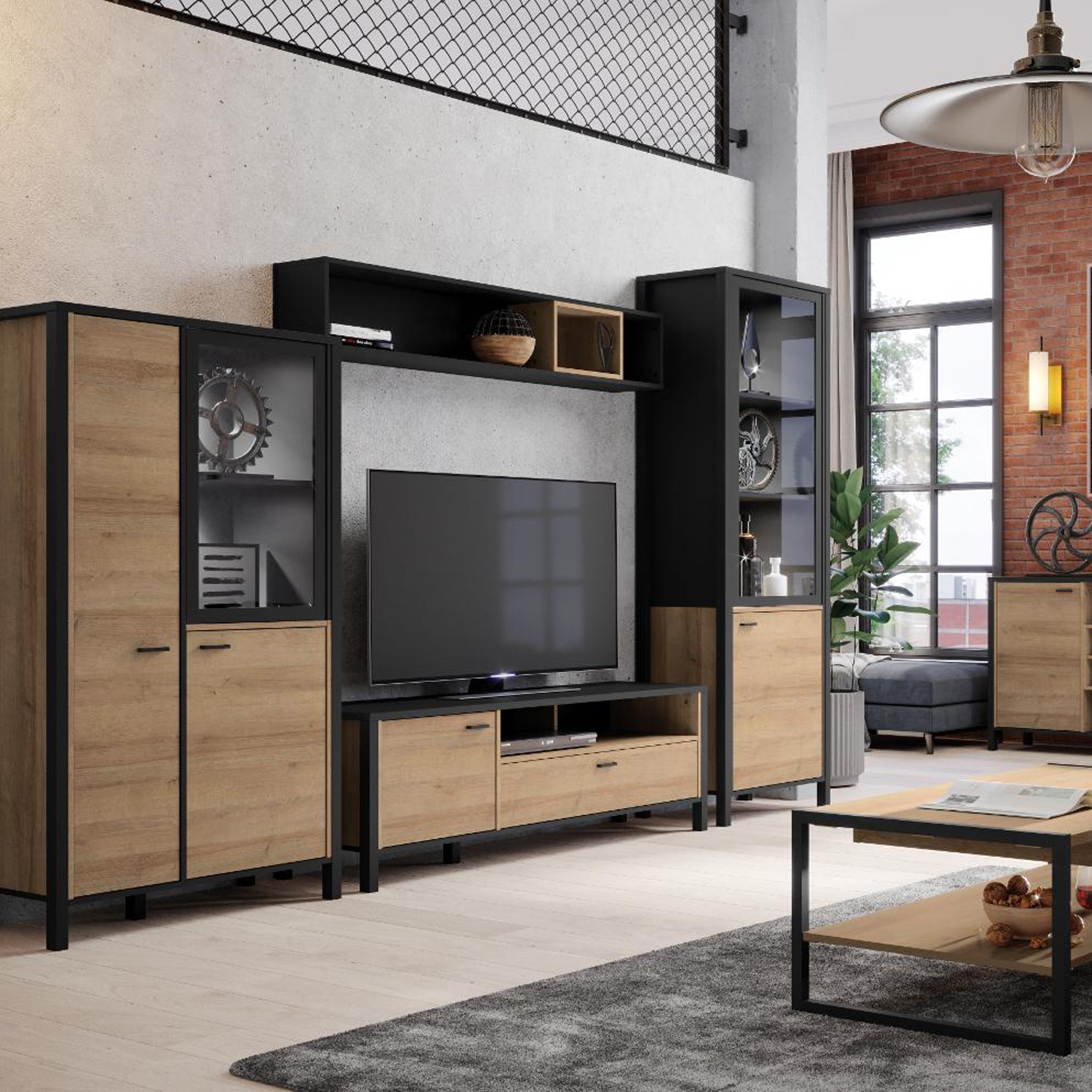Hampton Small Display Cabinet in Matt Black/Riviera Oak