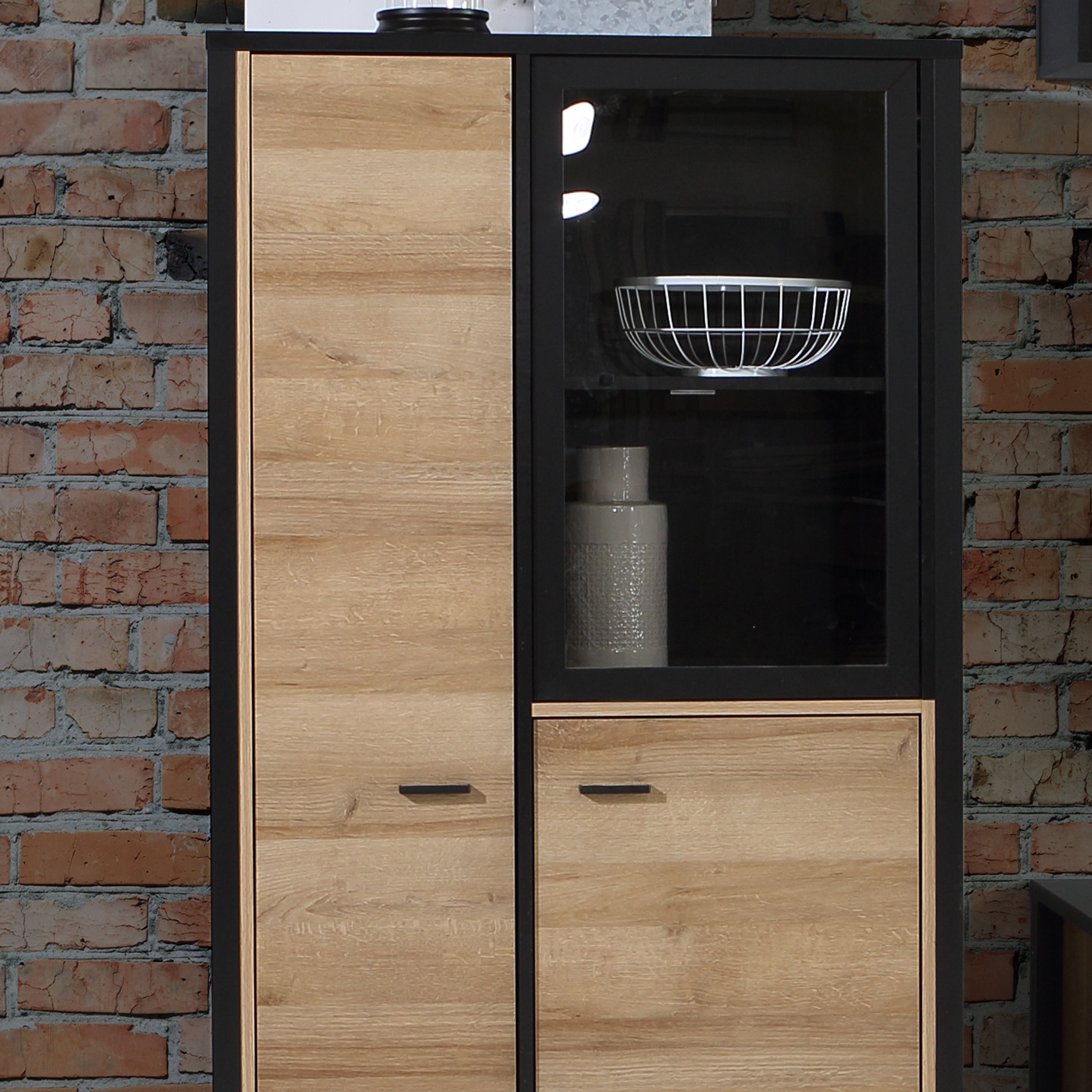 Hampton Small Display Cabinet in Matt Black/Riviera Oak