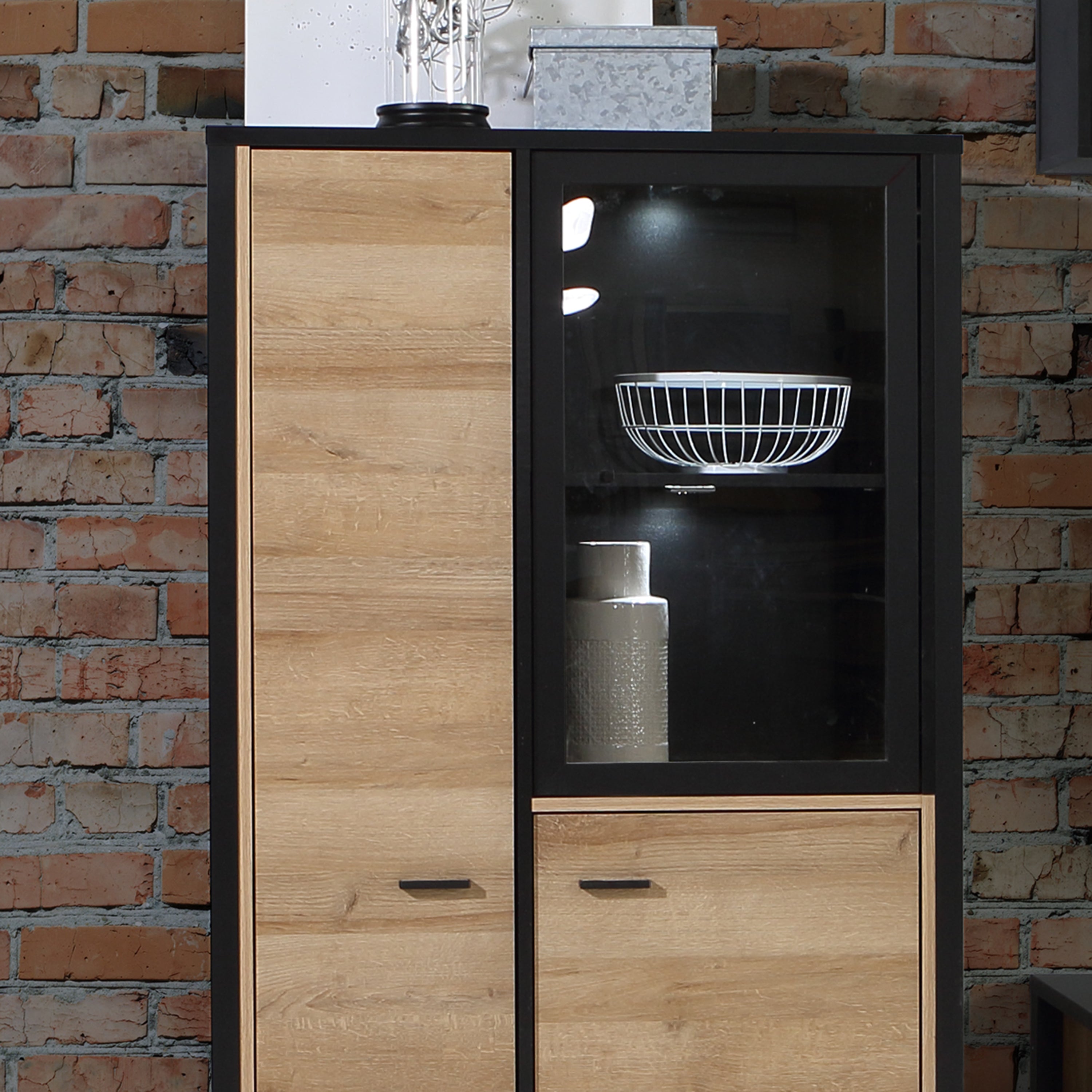 Hampton Small Display Cabinet in Matt Black/Riviera Oak