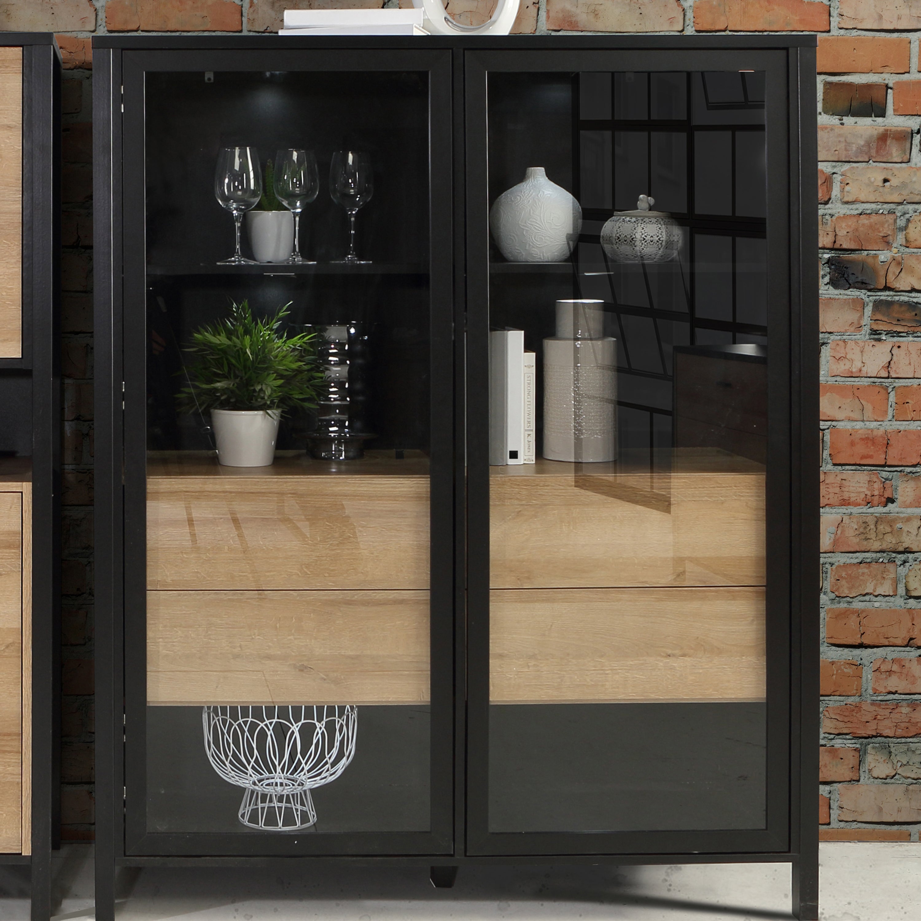 Hampton Extra Wide Display Cabinet in Matt Black/Riviera Oak