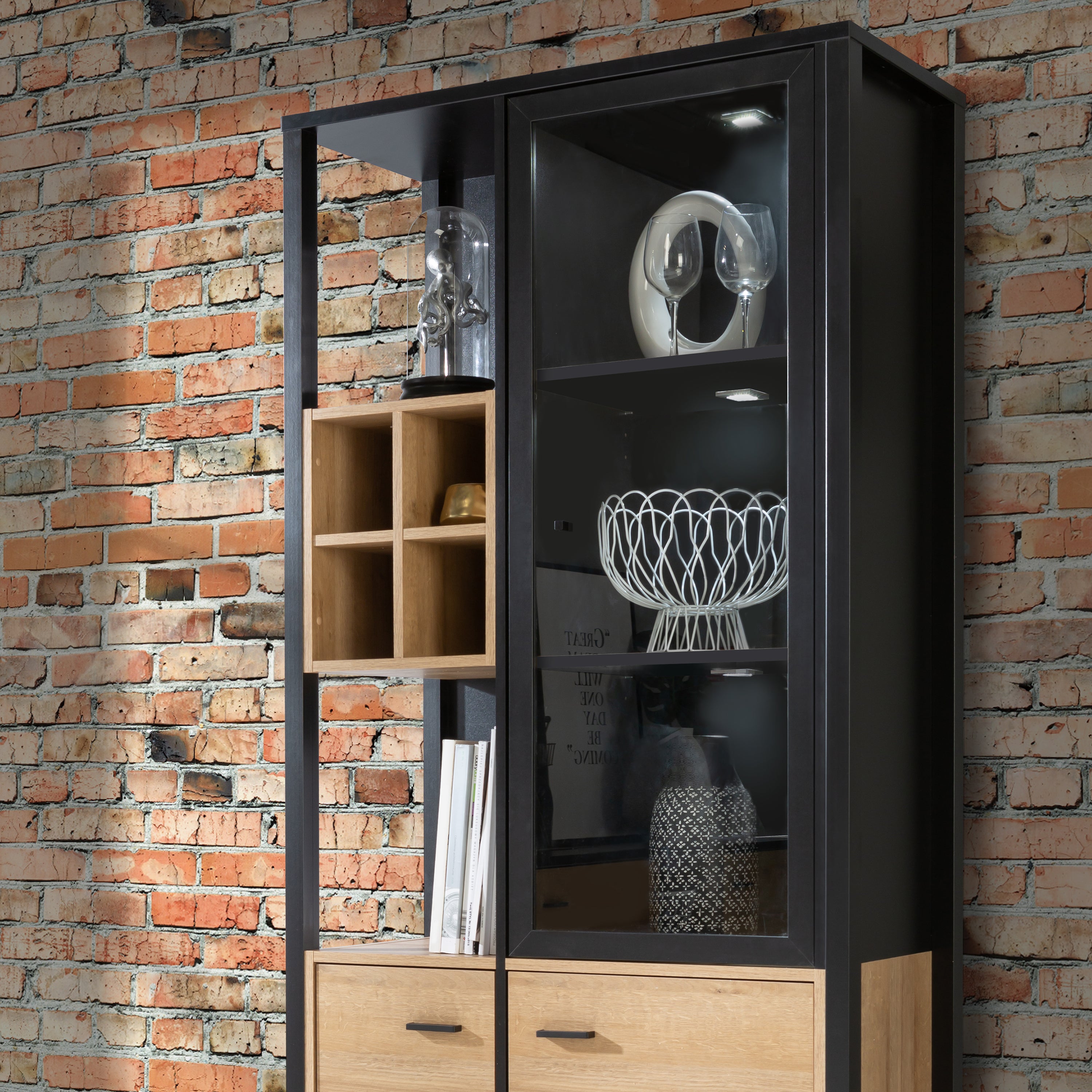 Hampton Display Cabinet in Matt Black/Riviera Oak