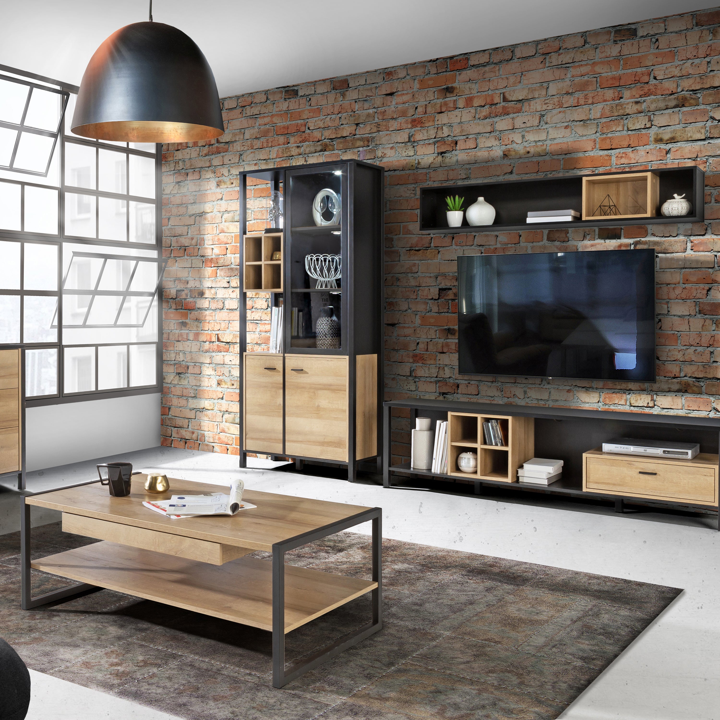 Hampton Display Cabinet in Matt Black/Riviera Oak