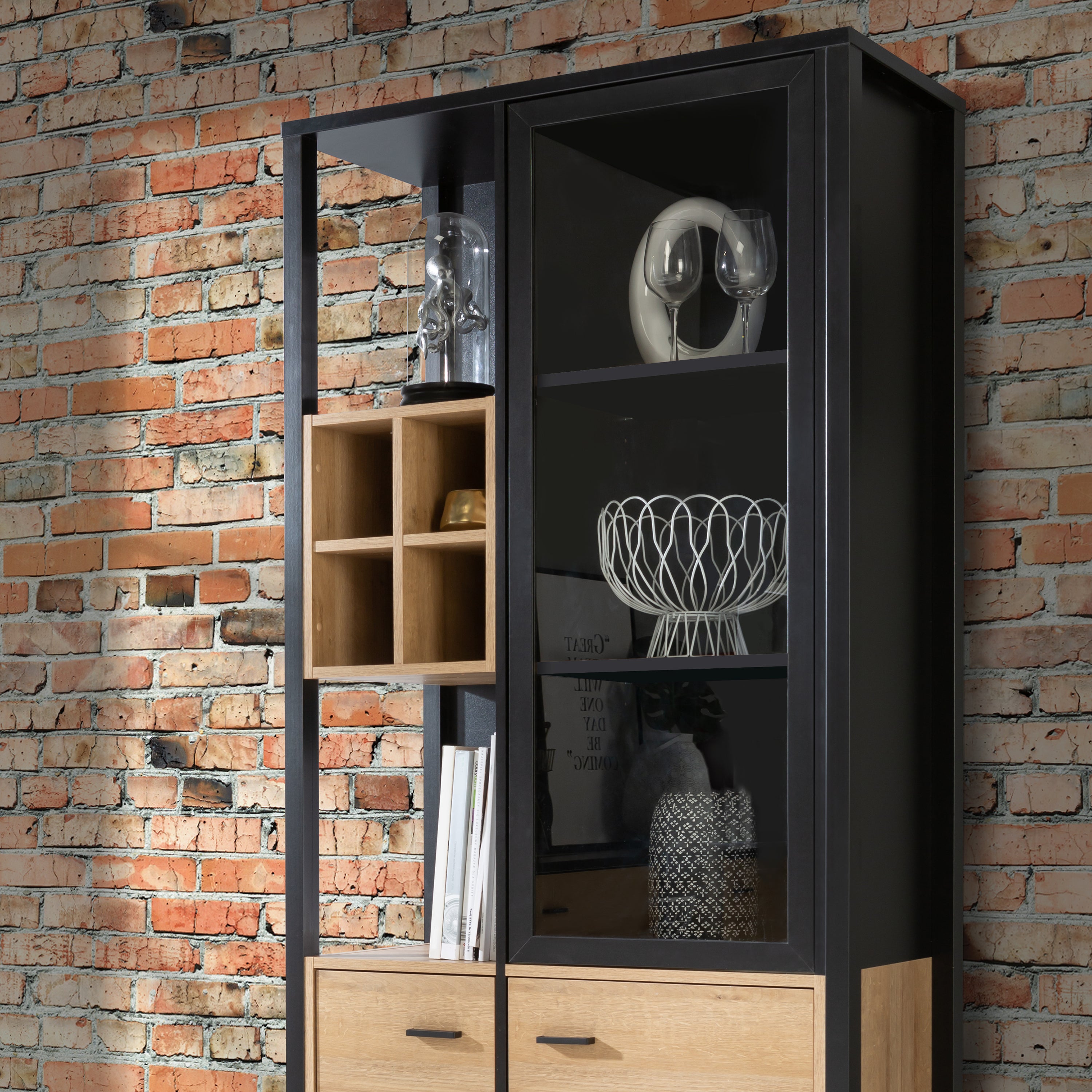Hampton Display Cabinet in Matt Black/Riviera Oak