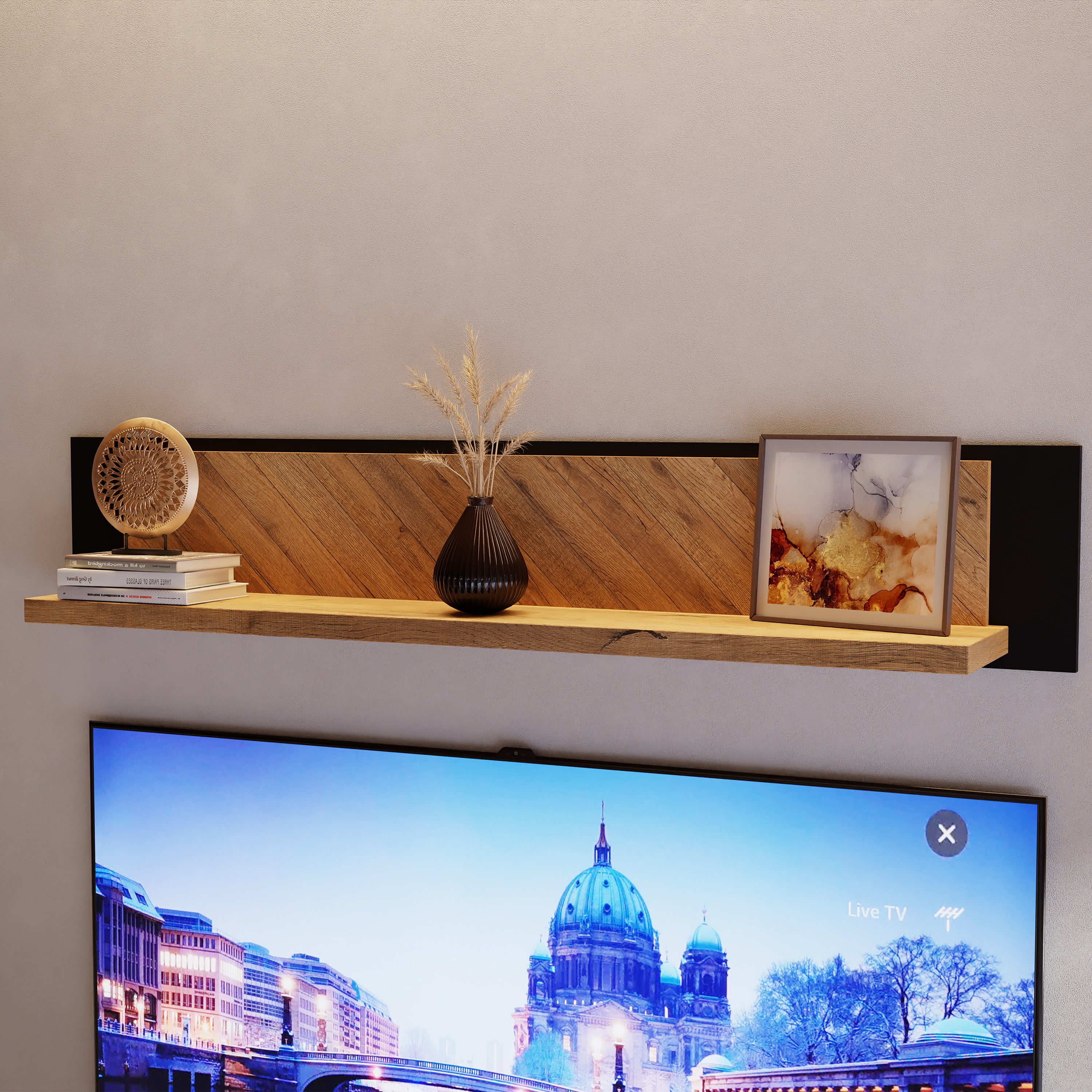 Nico Wall Shelf 140cm in Spica Oak/Matt Black/Bartex Oak