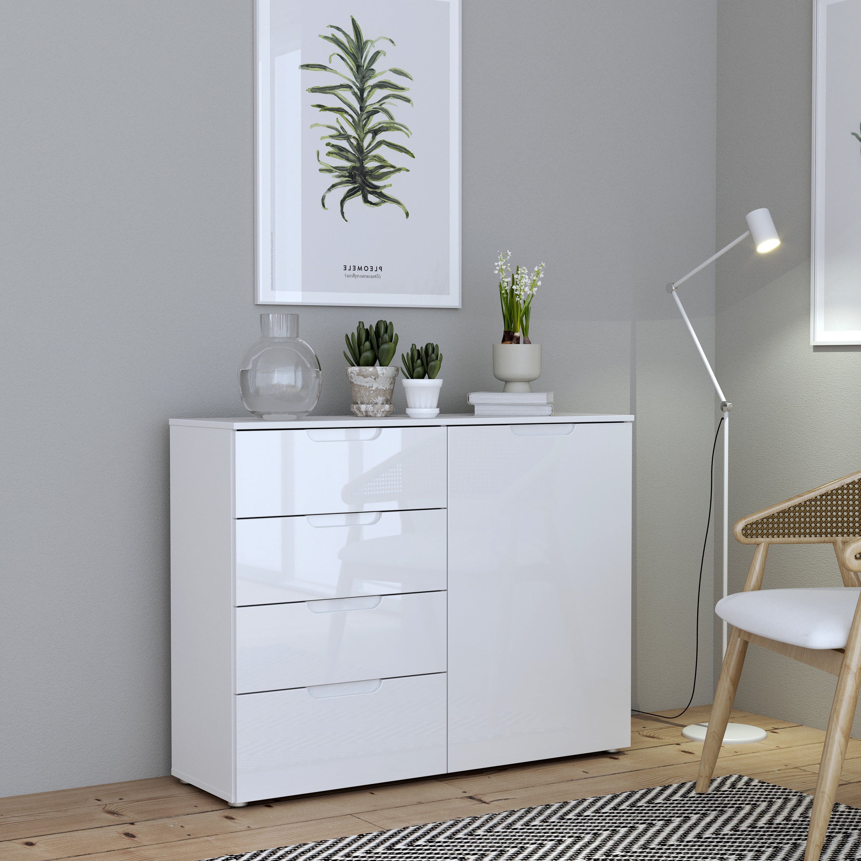 Serena 4 Chest of Drawers 1 Door in White/White High Gloss
