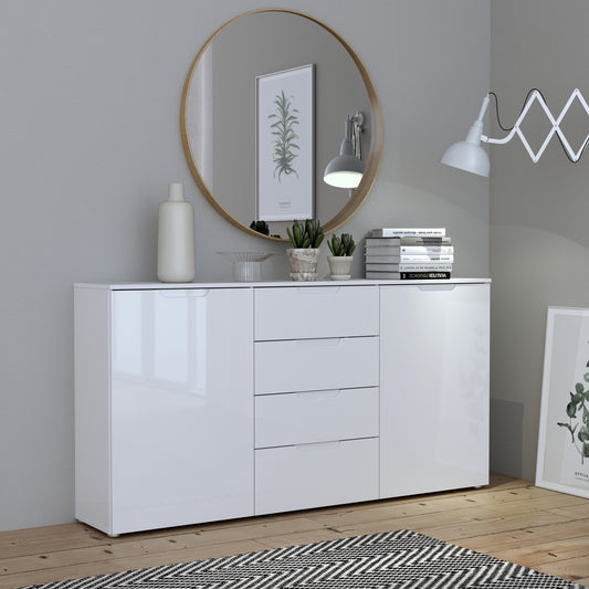 Serena Wide Chest of 4 Drawers and 2 Doors in White/White High Gloss