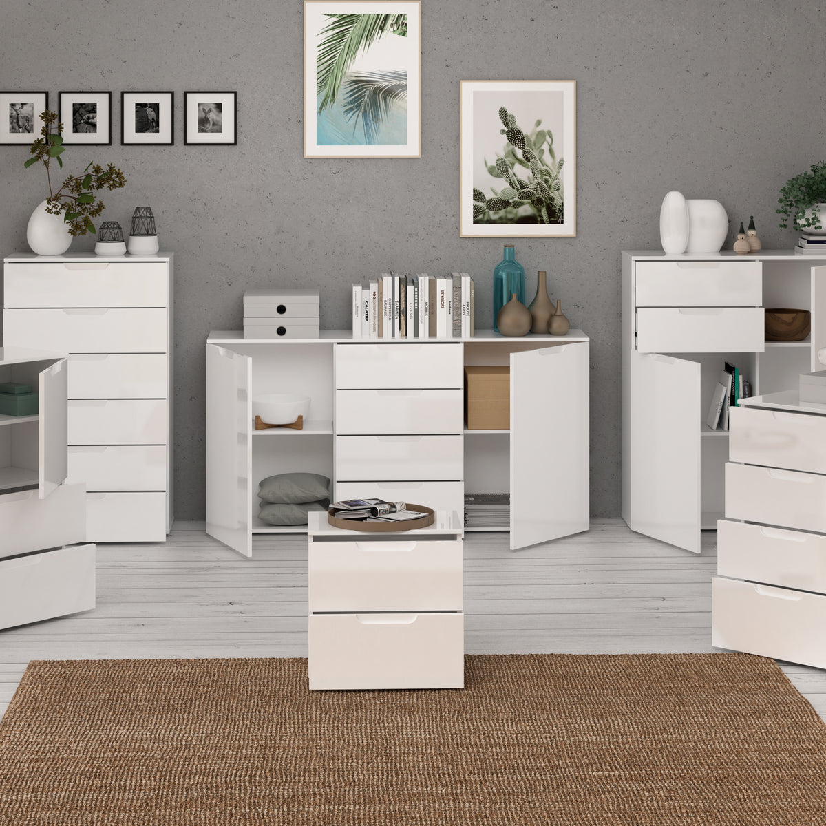 Serena Wide Chest of 4 Drawers and 2 Doors in White/White High Gloss