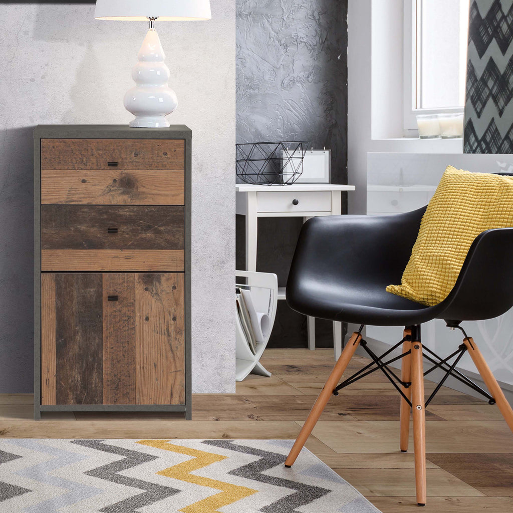 Brent Storage Cabinet 2 Drawers 1 Door in Concrete Optic Dark Grey/Old - Wood Vintage