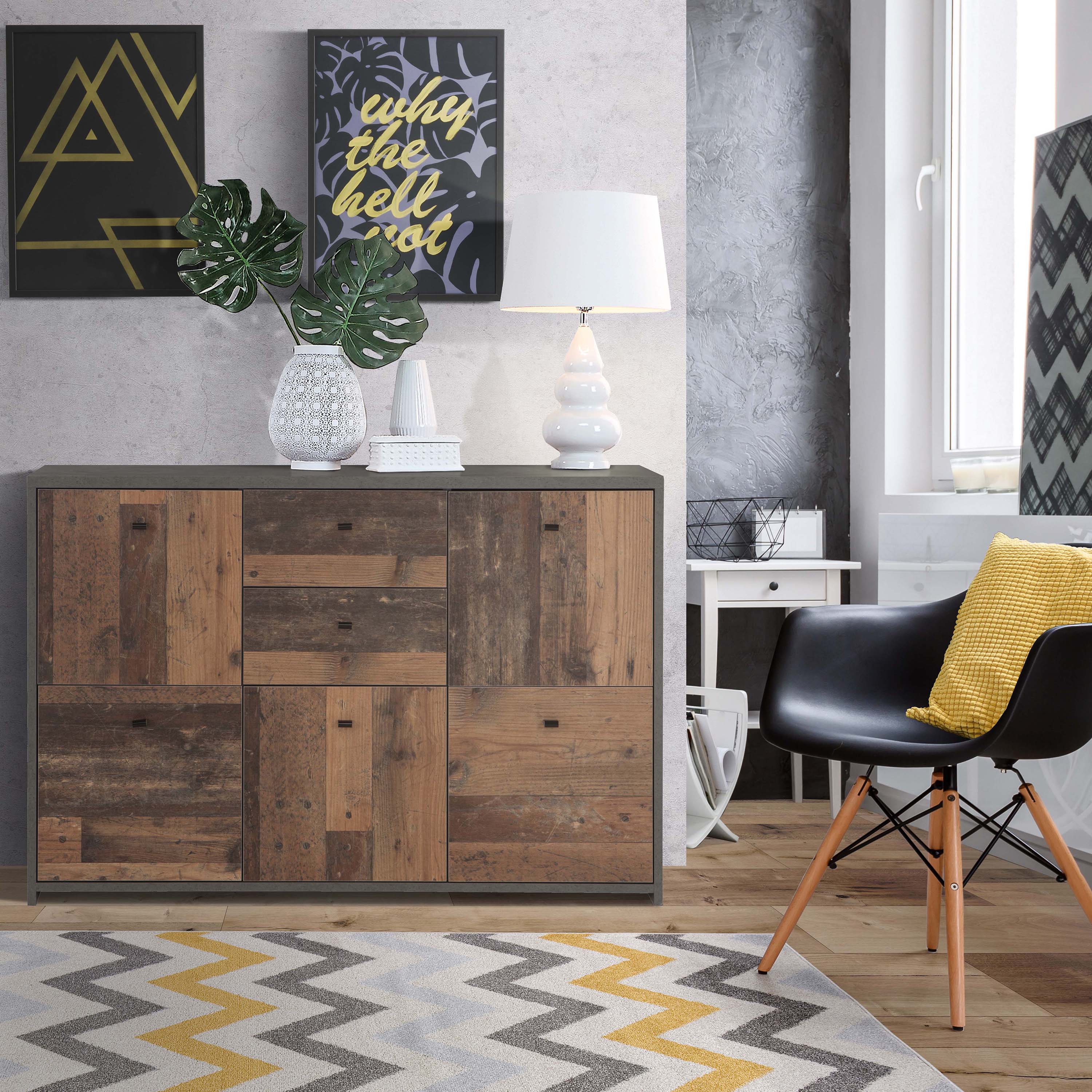 Brent Storage Cabinet with 2 Drawers and 5 Doors in Concrete Optic Dark Grey/Old - Wood Vintage