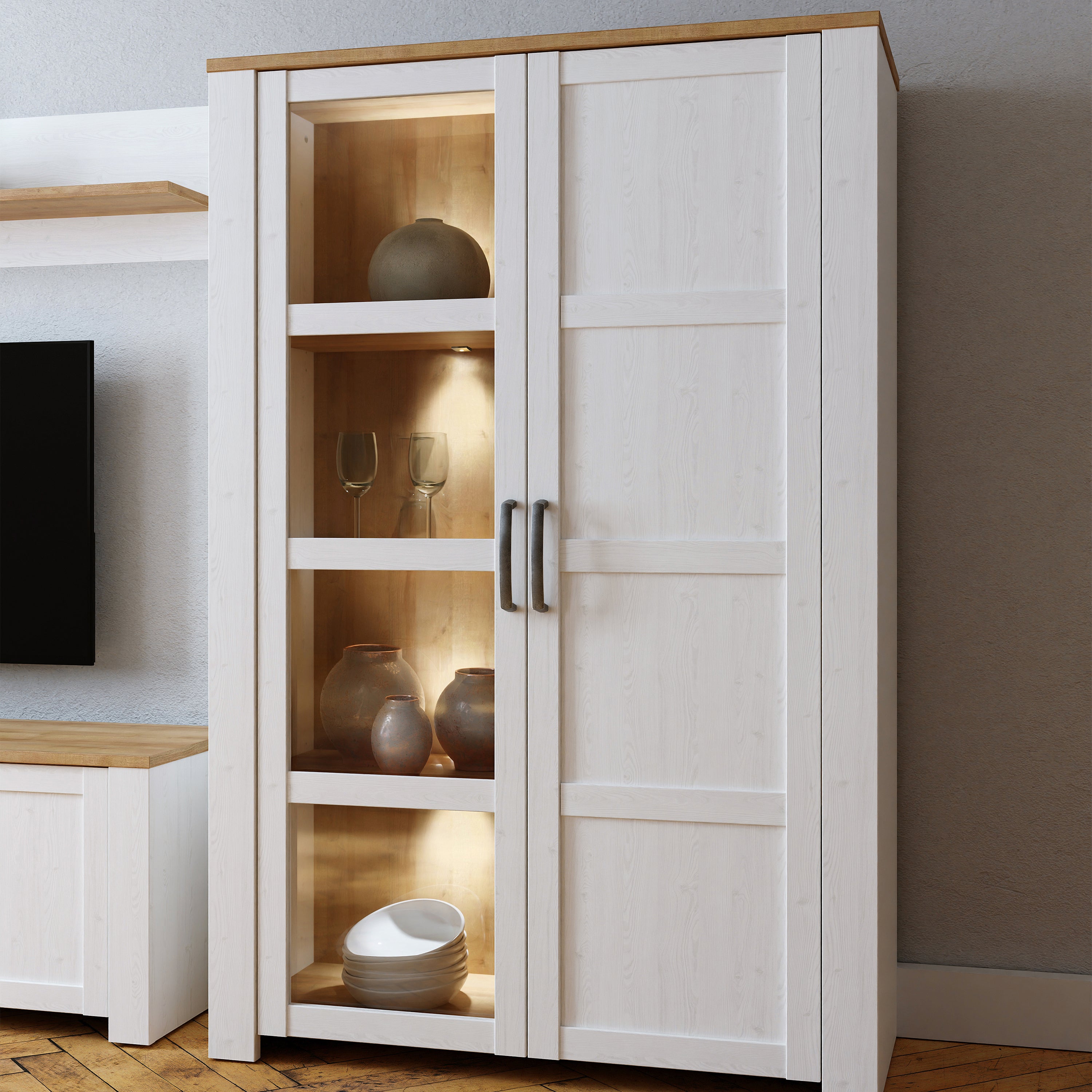 Balmoral Display Cabinet inc. 2x LED Lights in Riviera Oak/White