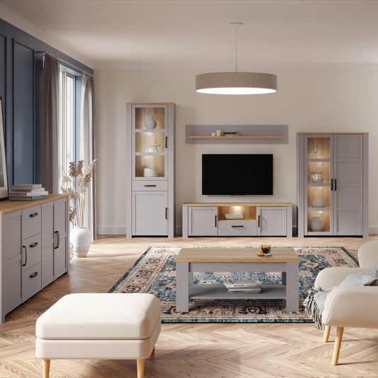 Balmoral Narrow Display Cabinet inc. 2x LED Lights in Riviera Oak/Grey Oak