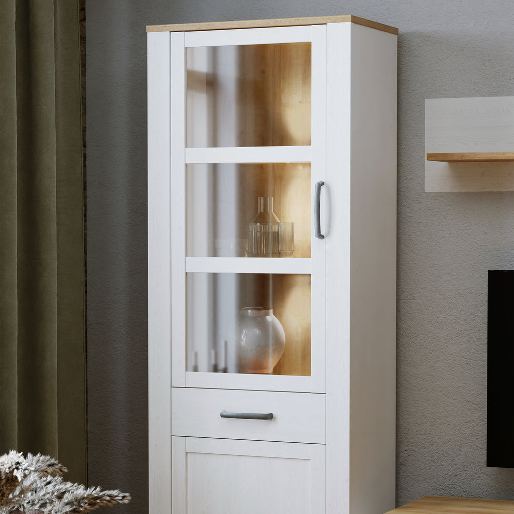 Balmoral Narrow Display Cabinet inc. 2x LED Lights in Riviera Oak/White