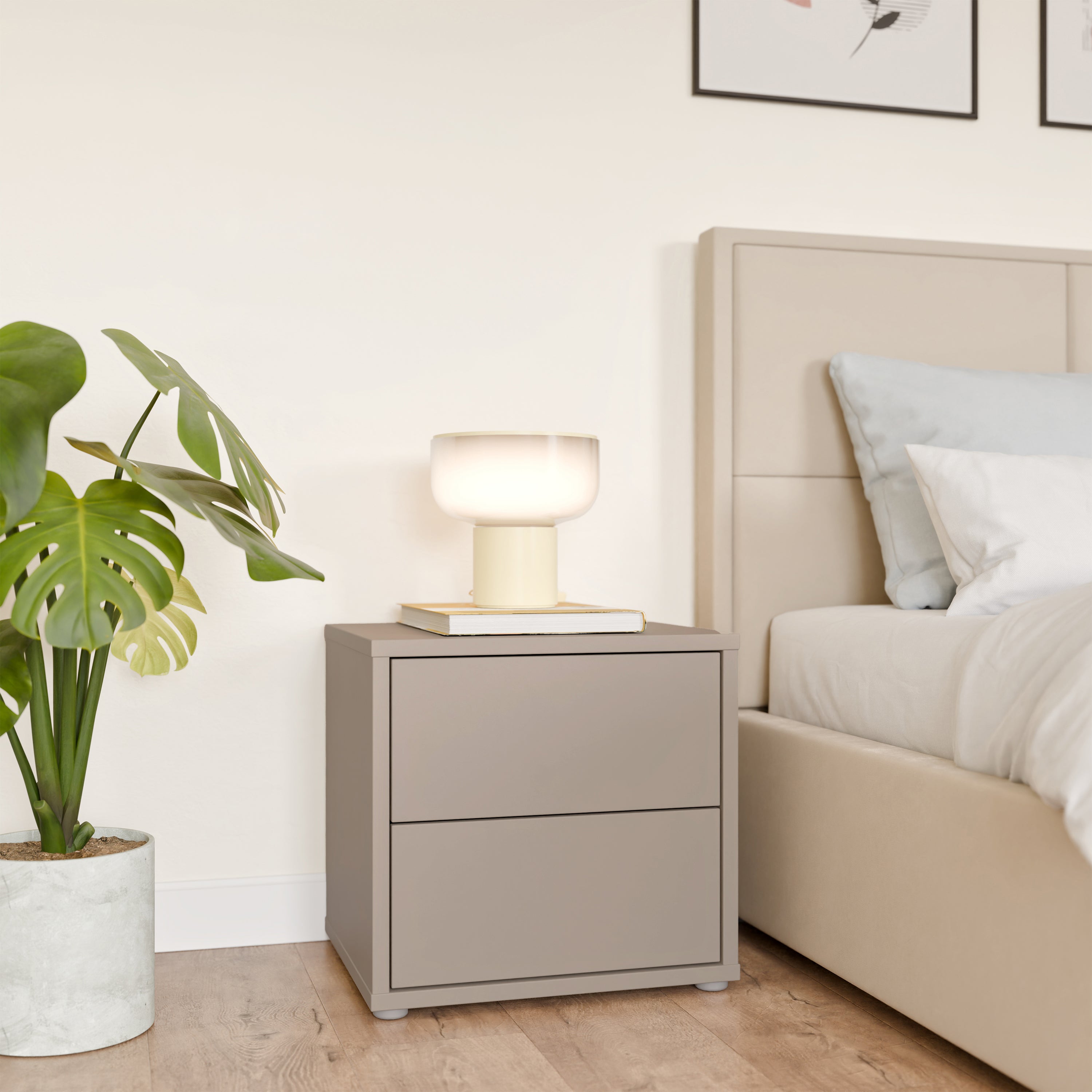 Alyson Low Bedside Cabinet with 2 Drawers Push-to-Open in Taupe