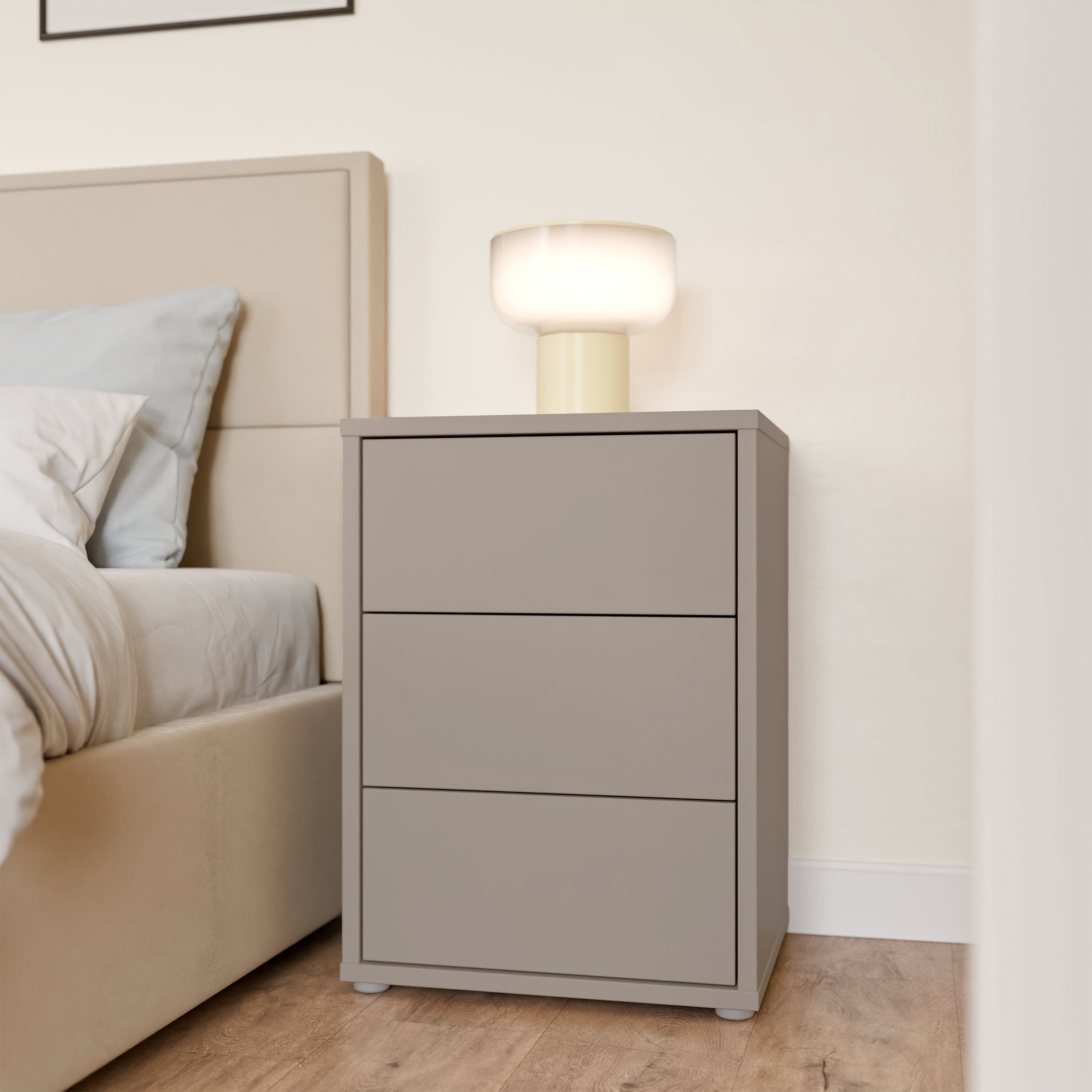 Alyson Bedside Cabinet with 3 Drawers Push-to-Open in Taupe