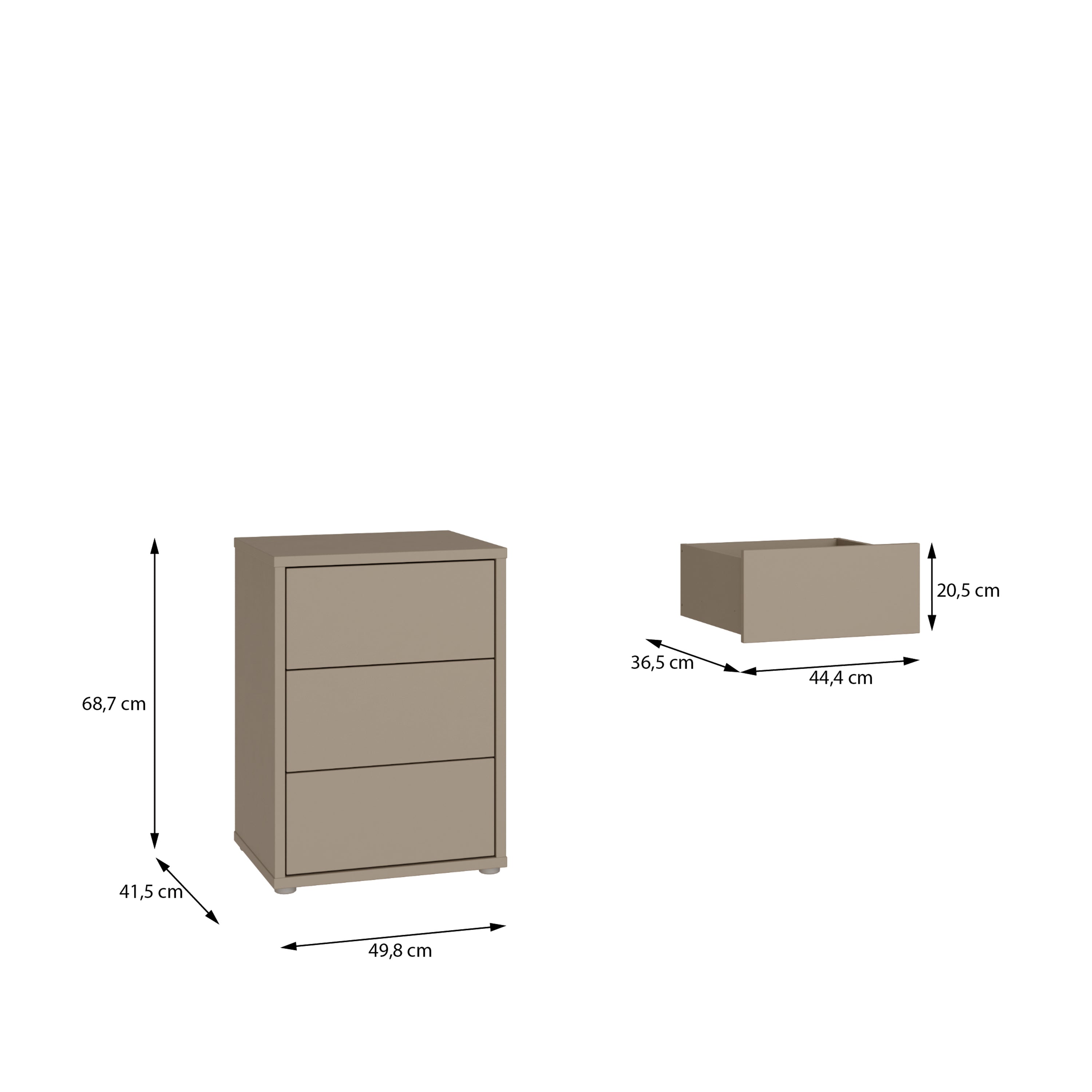 Alyson Bedside Cabinet with 3 Drawers Push-to-Open in Taupe