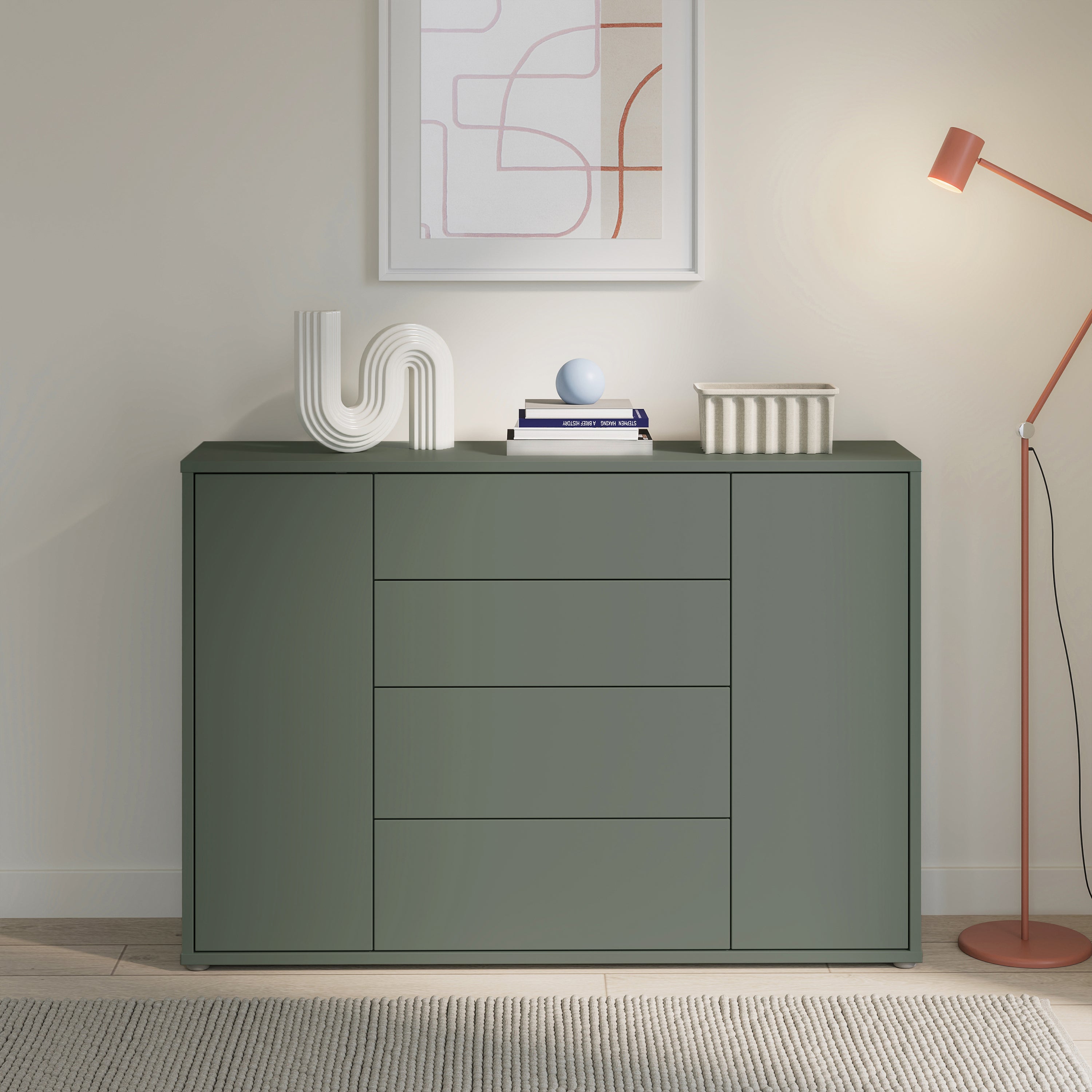 Alyson Wide Sideboard with 4 Drawers & 2 Doors with Push-to-Open in Sage Green