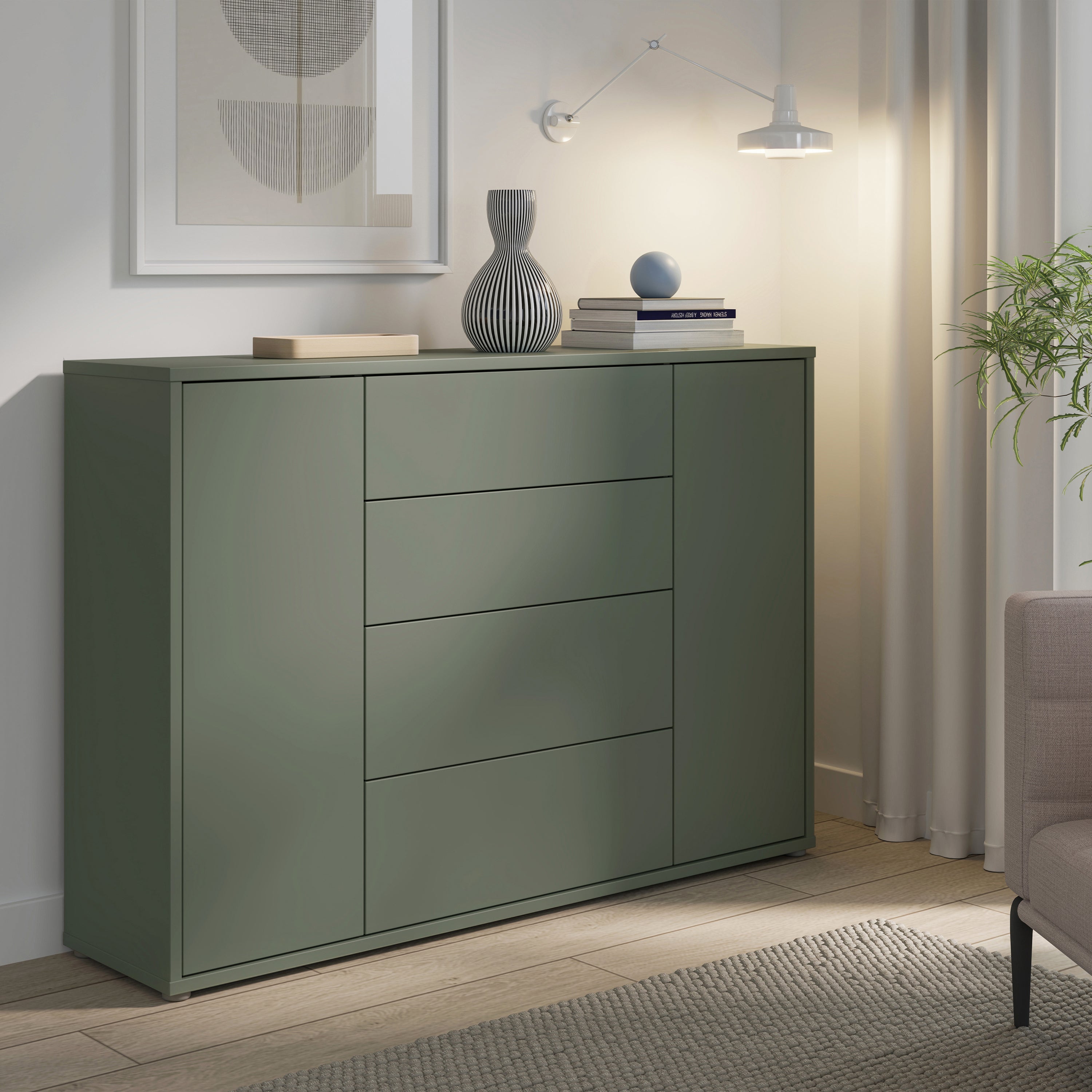 Alyson Wide Sideboard with 4 Drawers & 2 Doors with Push-to-Open in Sage Green