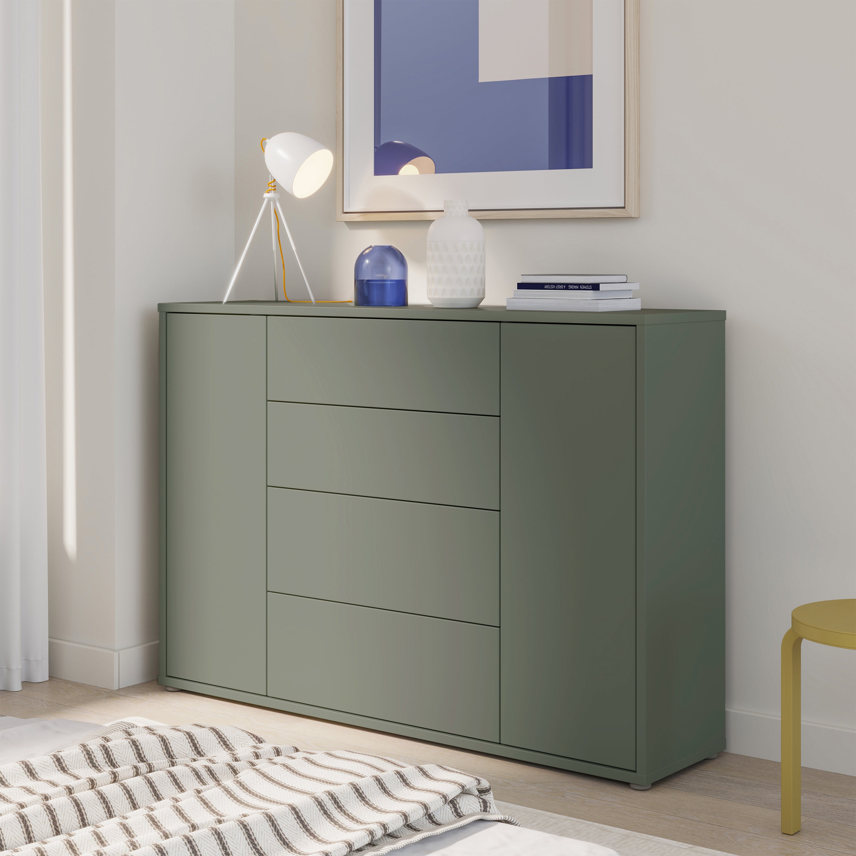 Alyson Wide Sideboard with 4 Drawers & 2 Doors with Push-to-Open in Sage Green