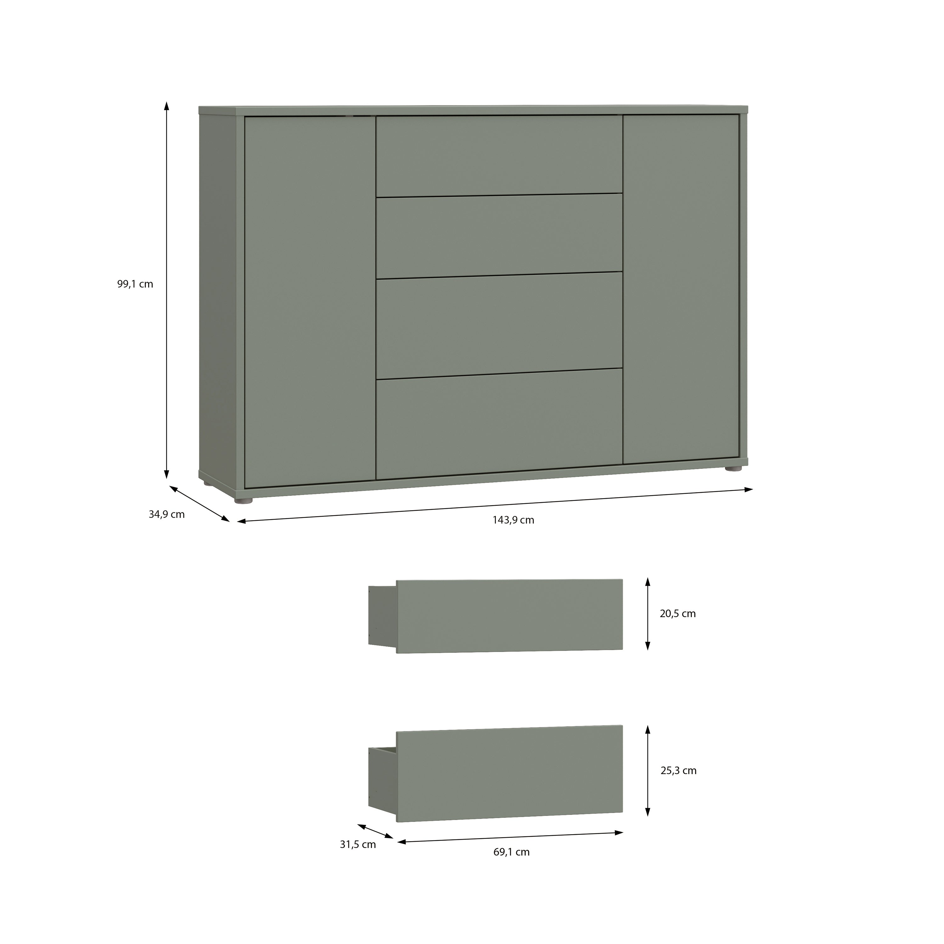 Alyson Wide Sideboard with 4 Drawers & 2 Doors with Push-to-Open in Sage Green