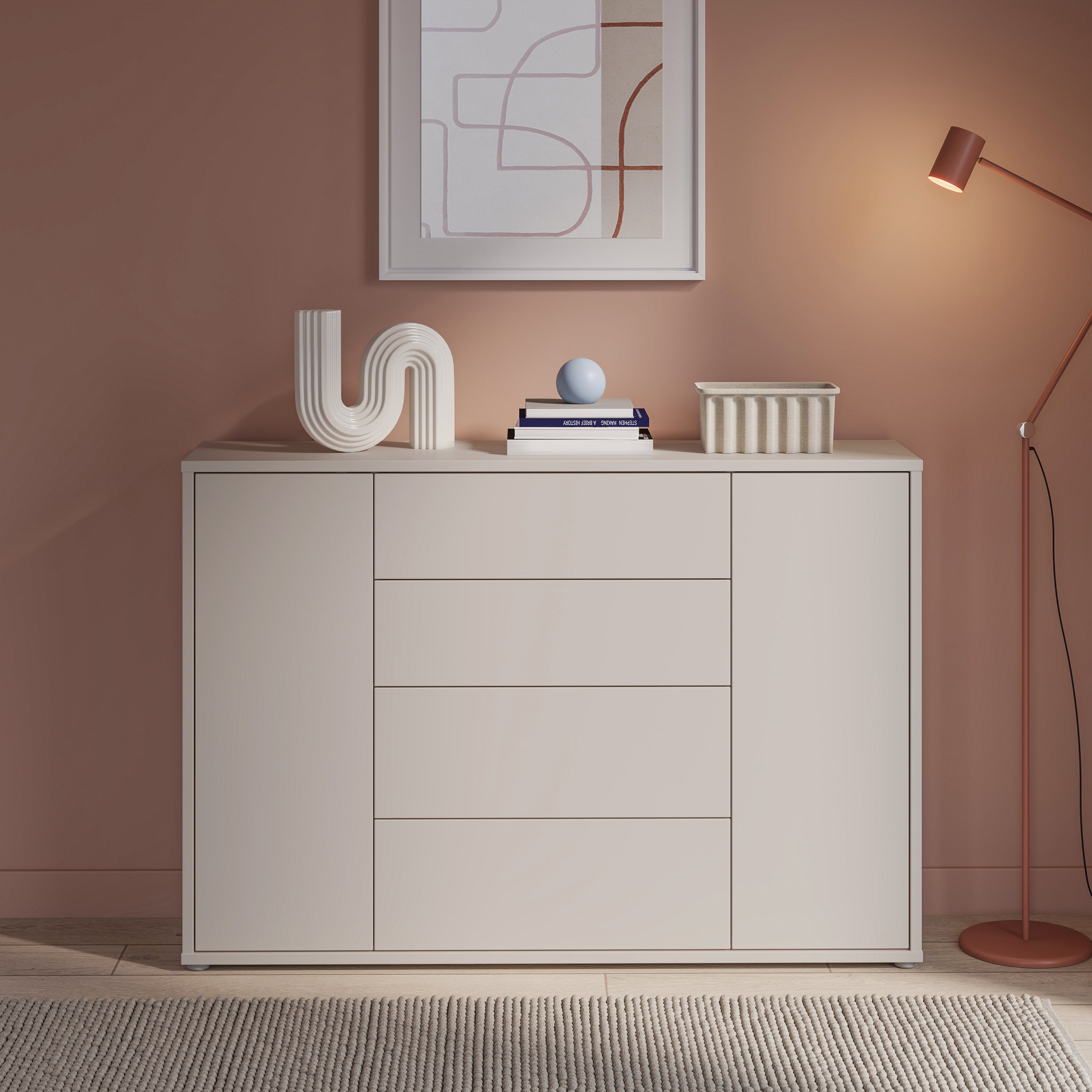 Alyson Wide Sideboard with 4 Drawers & 2 Doors with Push-to-Open in Sand