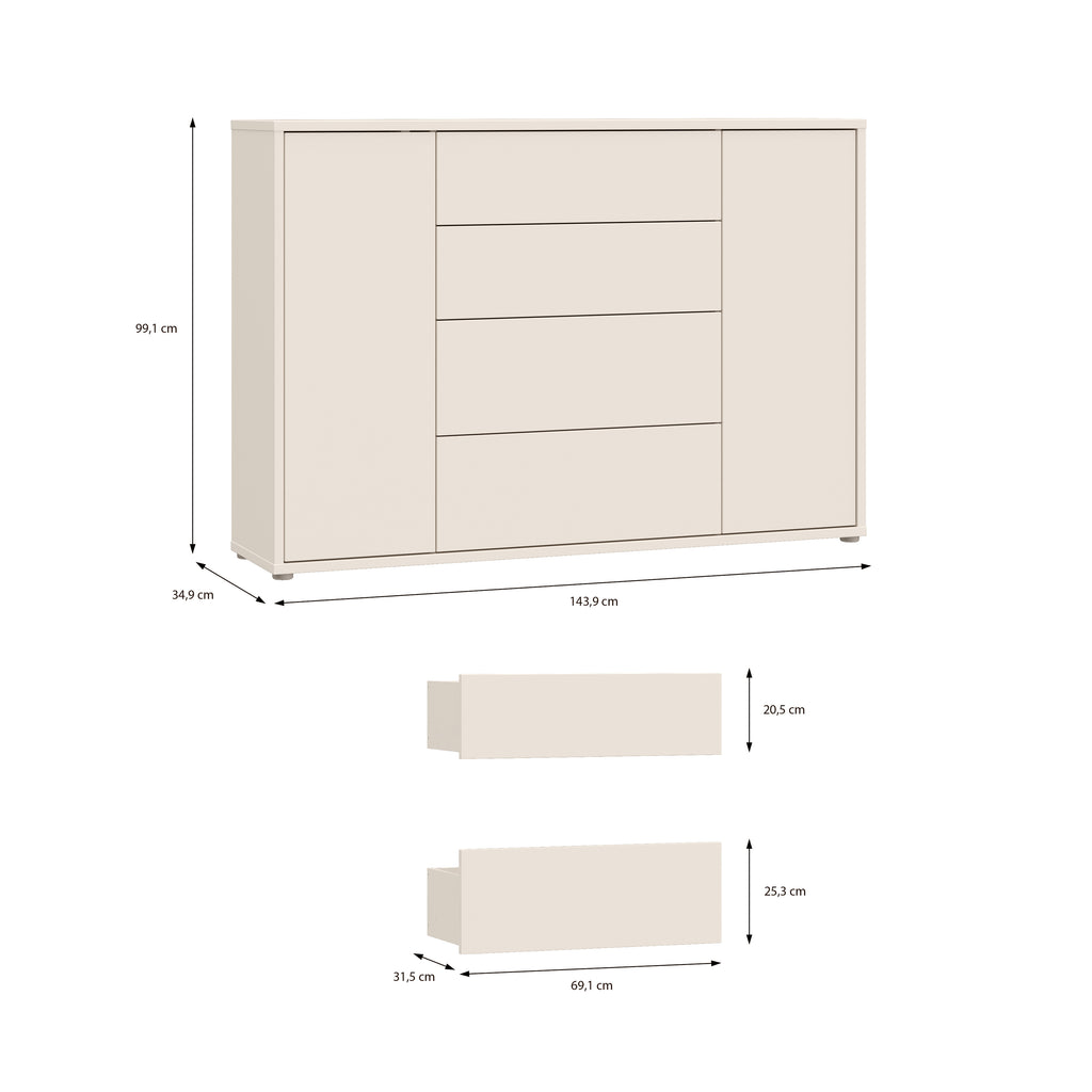 Alyson Wide Sideboard with 4 Drawers & 2 Doors with Push-to-Open in Sand