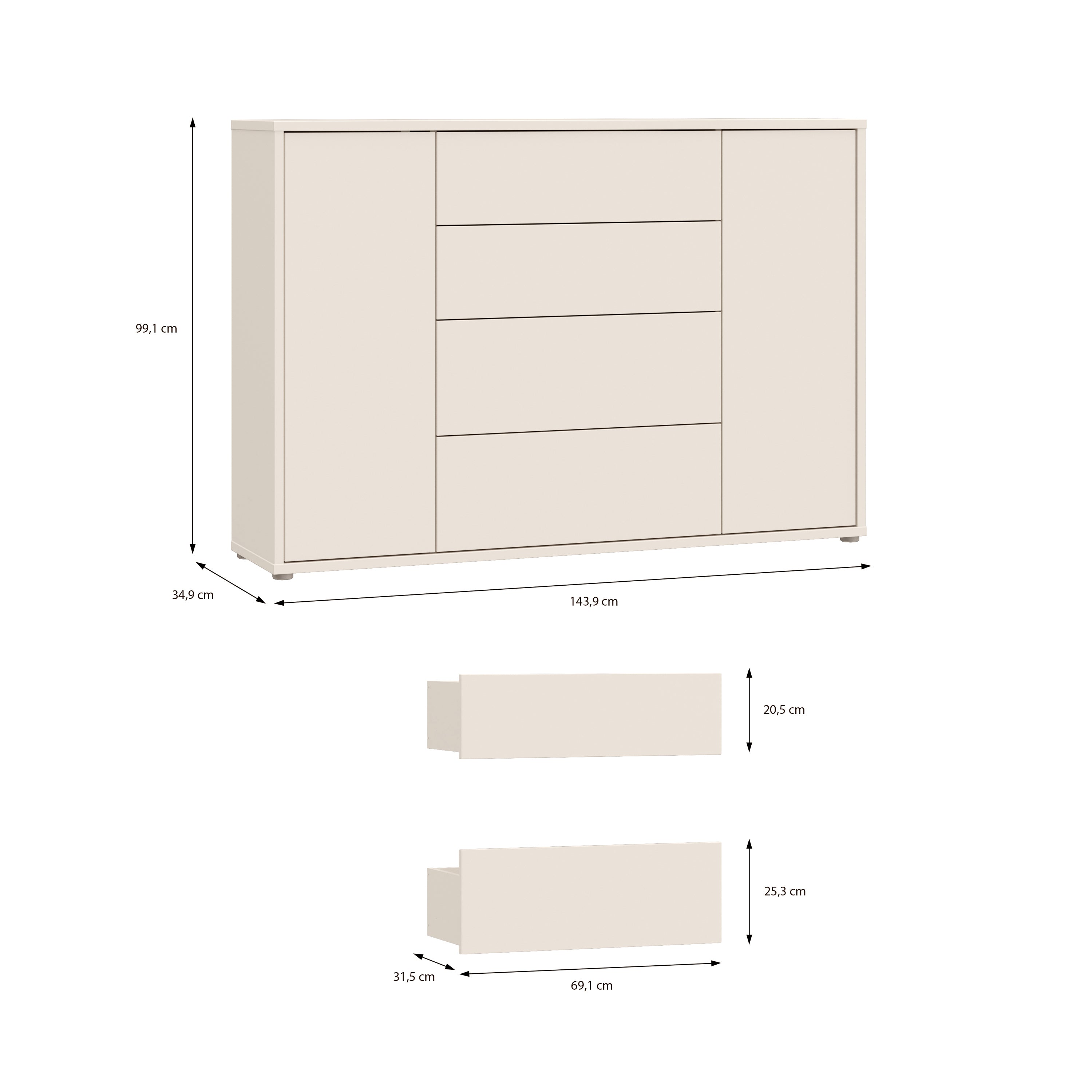 Alyson Wide Sideboard with 4 Drawers & 2 Doors with Push-to-Open in Sand