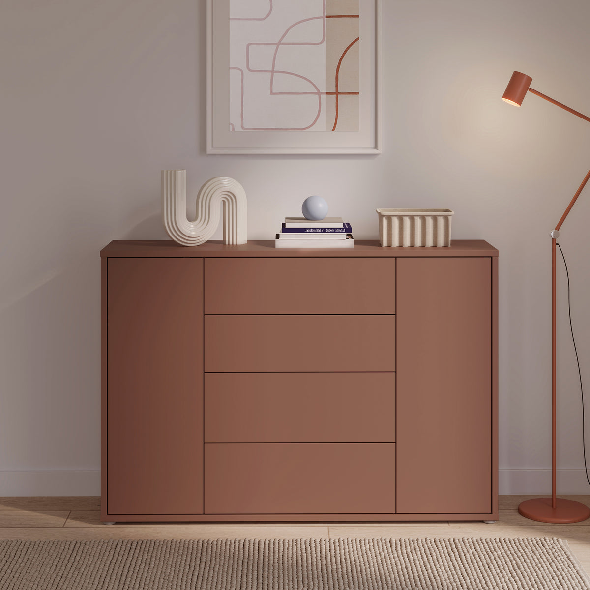 Alyson Wide Sideboard with 4 Drawers & 2 Doors with Push-to-Open in Terracotta