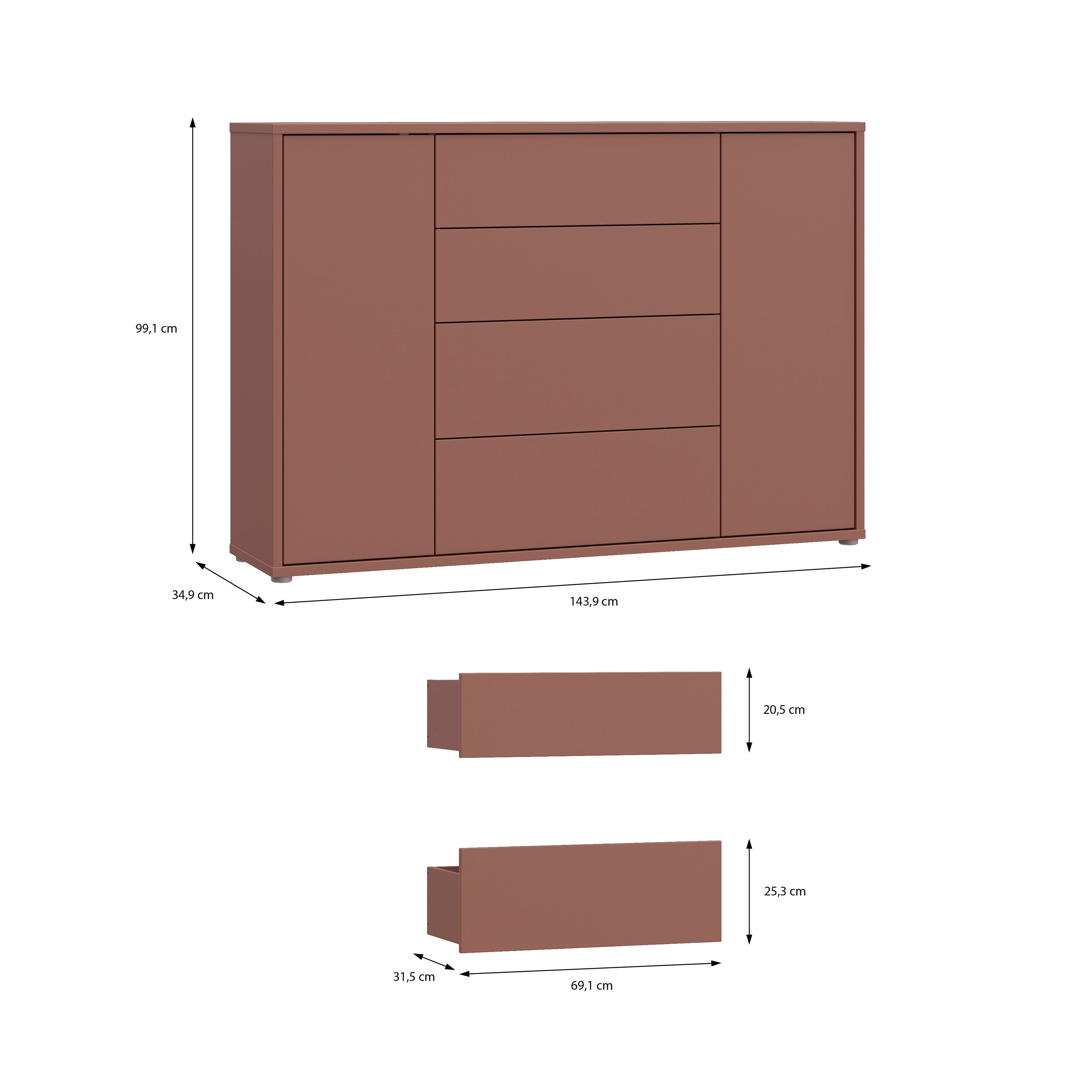 Alyson Wide Sideboard with 4 Drawers & 2 Doors with Push-to-Open in Terracotta