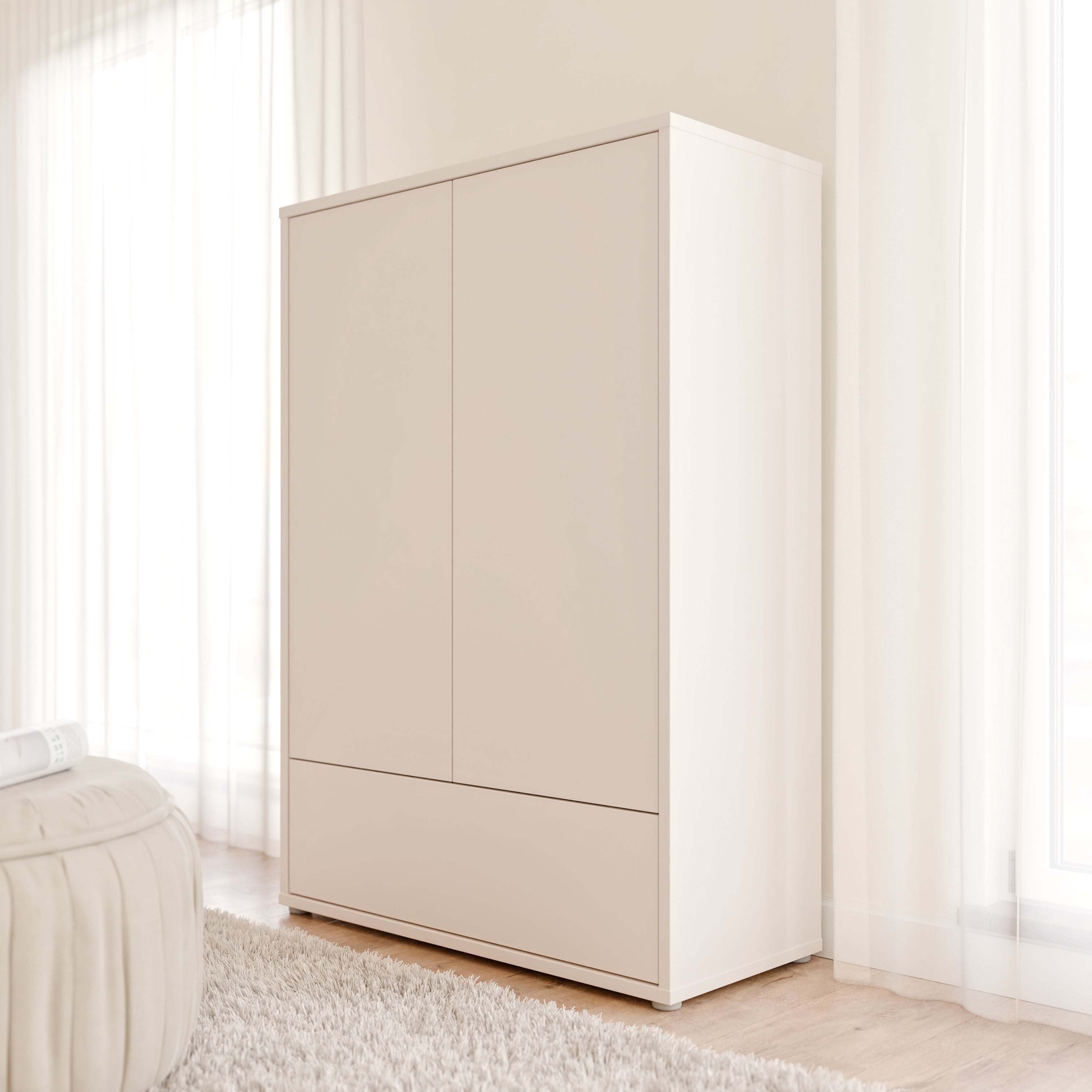 Alyson 2 Door Low Wardrobe with Push-to-Open Doors and Drawer in Sand
