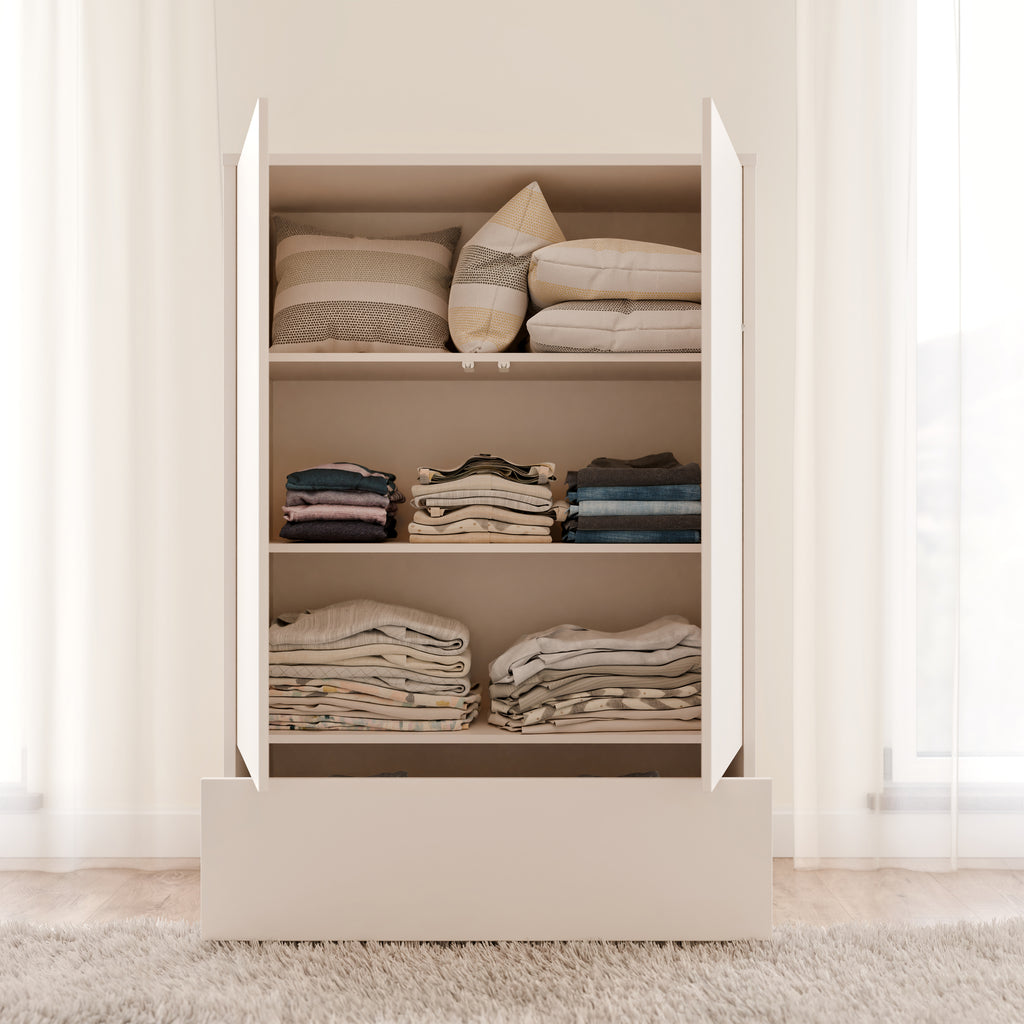 Alyson 2 Door Low Wardrobe with Push-to-Open Doors and Drawer in Sand