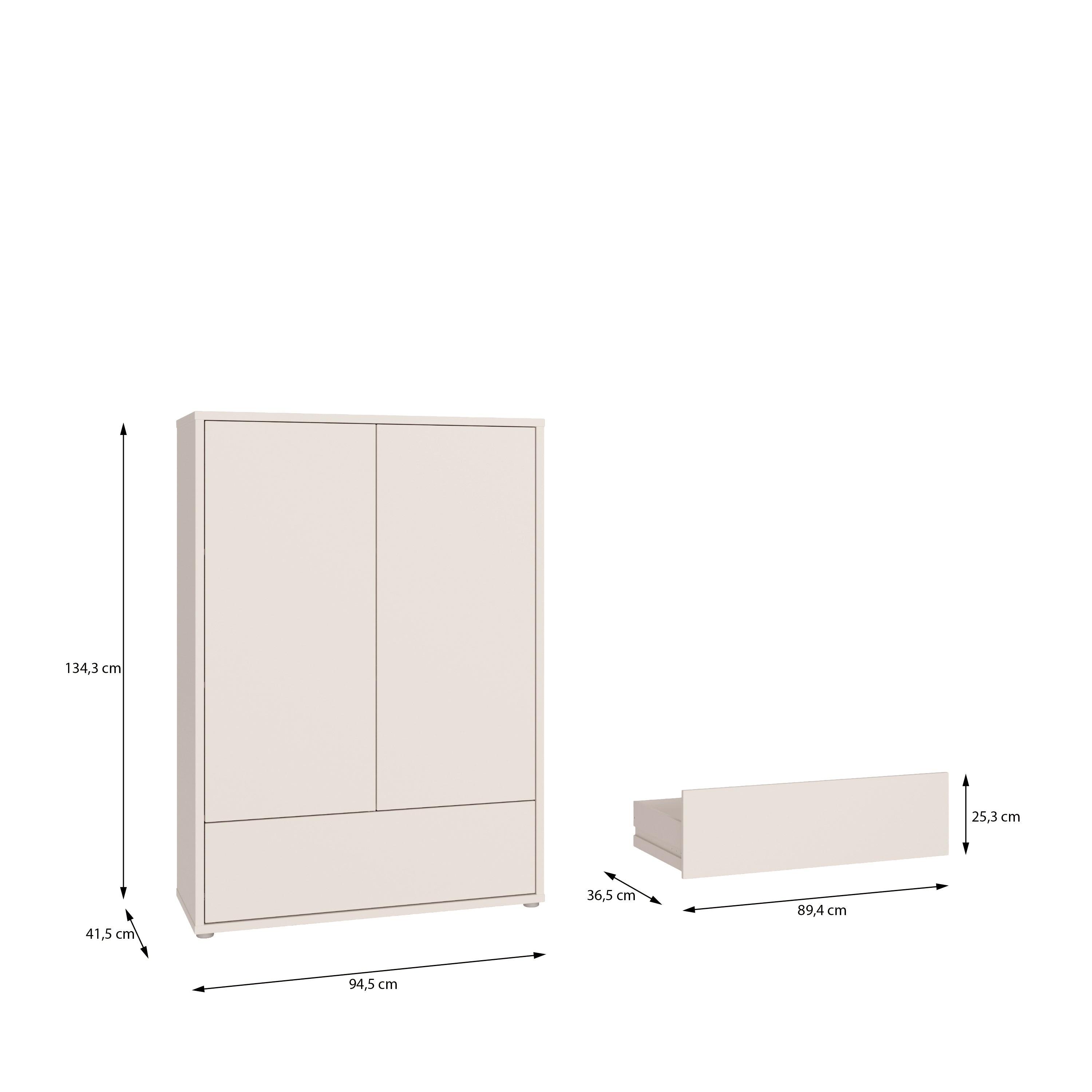 Alyson 2 Door Low Wardrobe with Push-to-Open Doors and Drawer in Sand