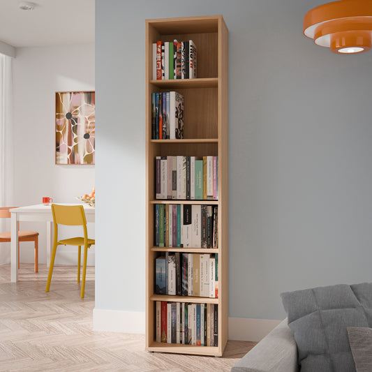 Alyson Tall Narrow Bookcase with 5 Shelves in Elegancia Oak