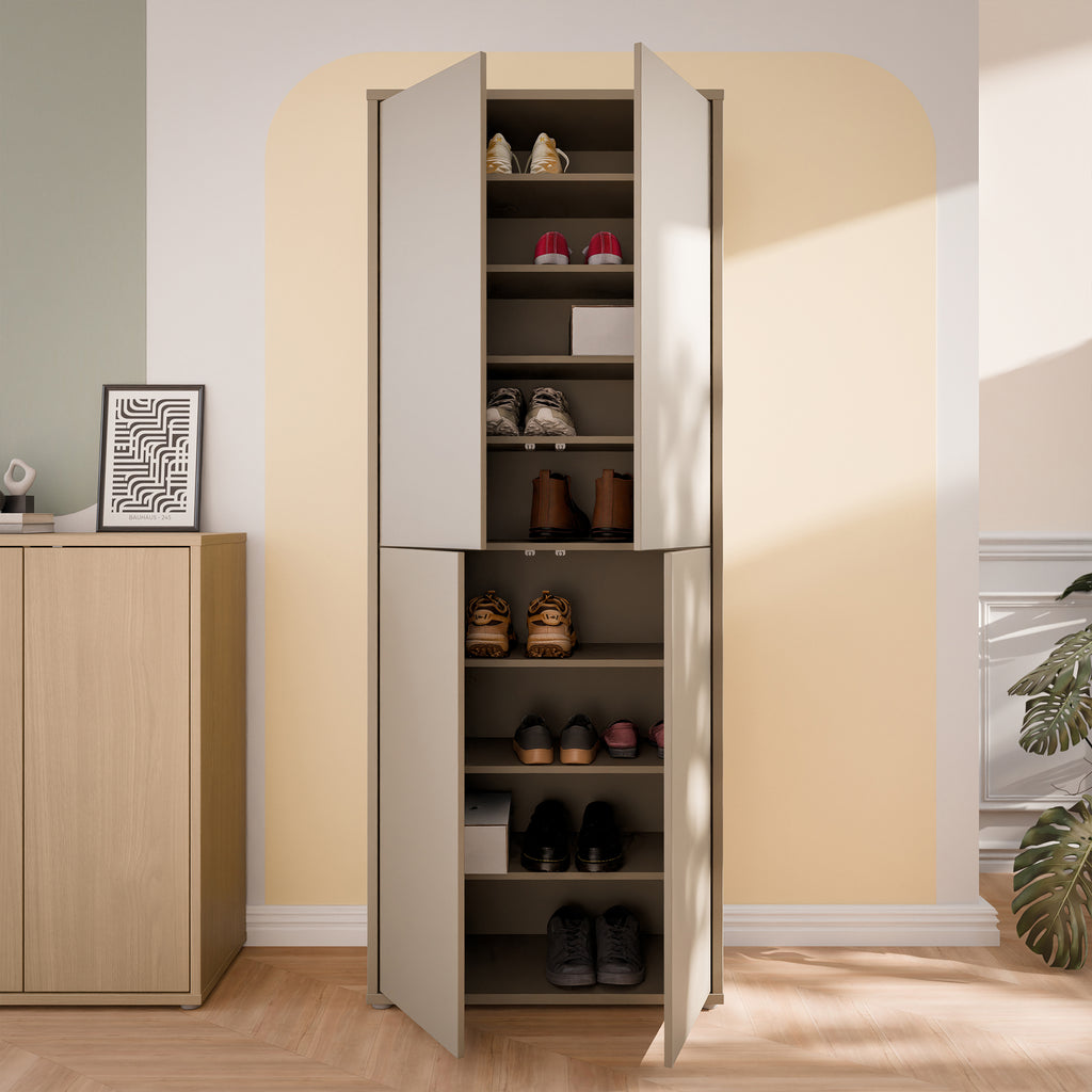Alyson Tall Shoe Cabinet with 4 Doors Push-to-Open in Taupe