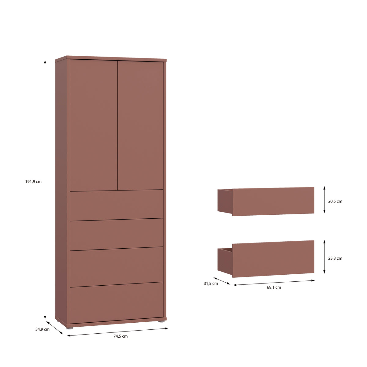 Alyson Tall Storage Cabinet with Push-to-Open Doors & 4 Drawers in Terracotta