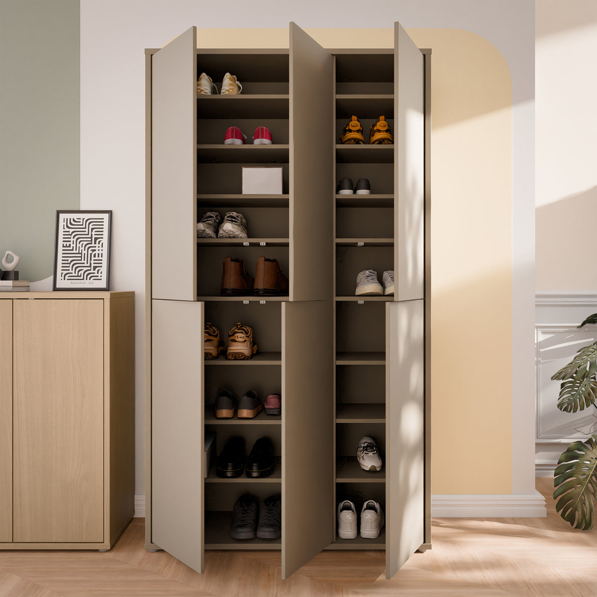 Alyson Tall Shoe Cabinet with 6 Doors Push-to-Open in Taupe