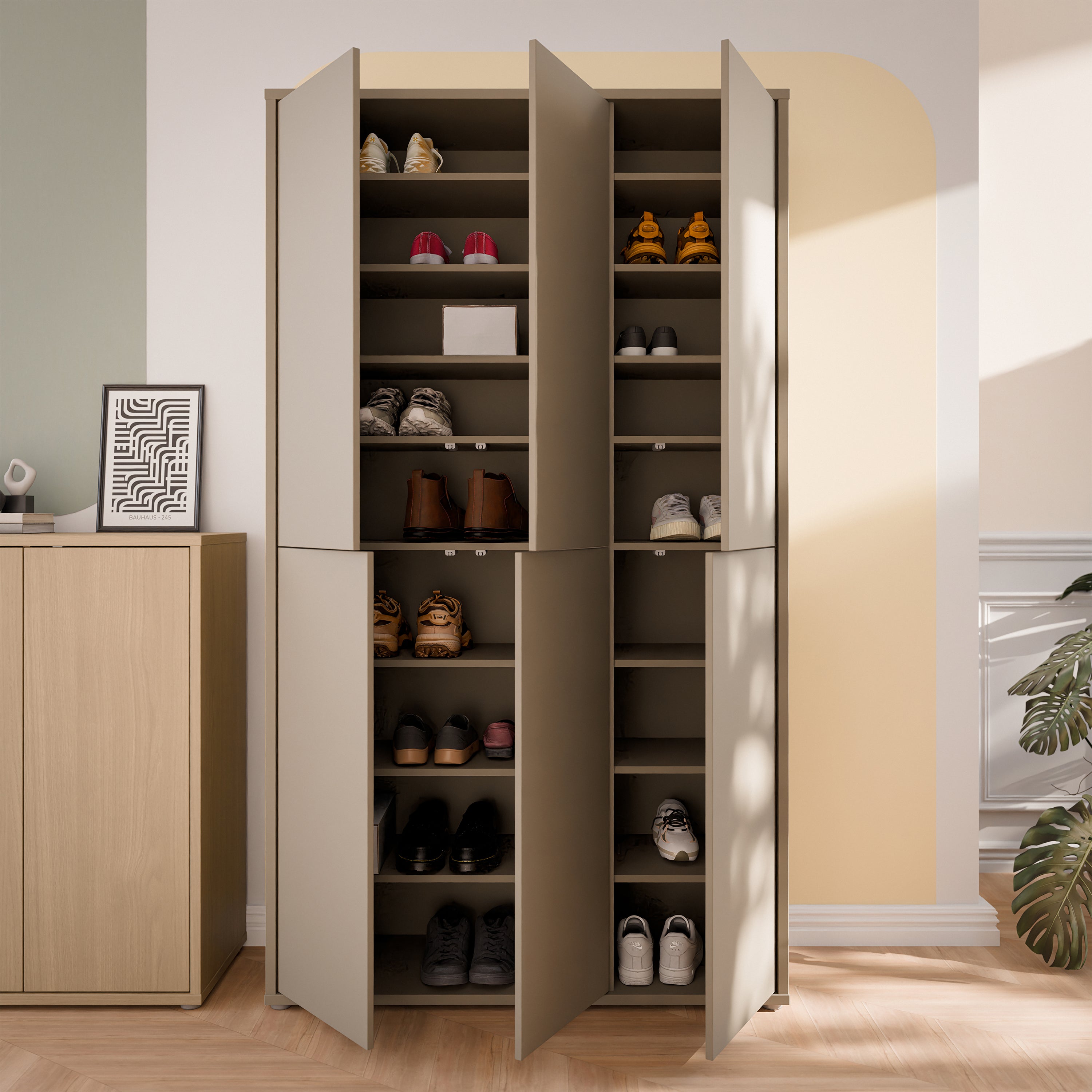 Alyson Tall Shoe Cabinet with 6 Doors Push-to-Open in Taupe