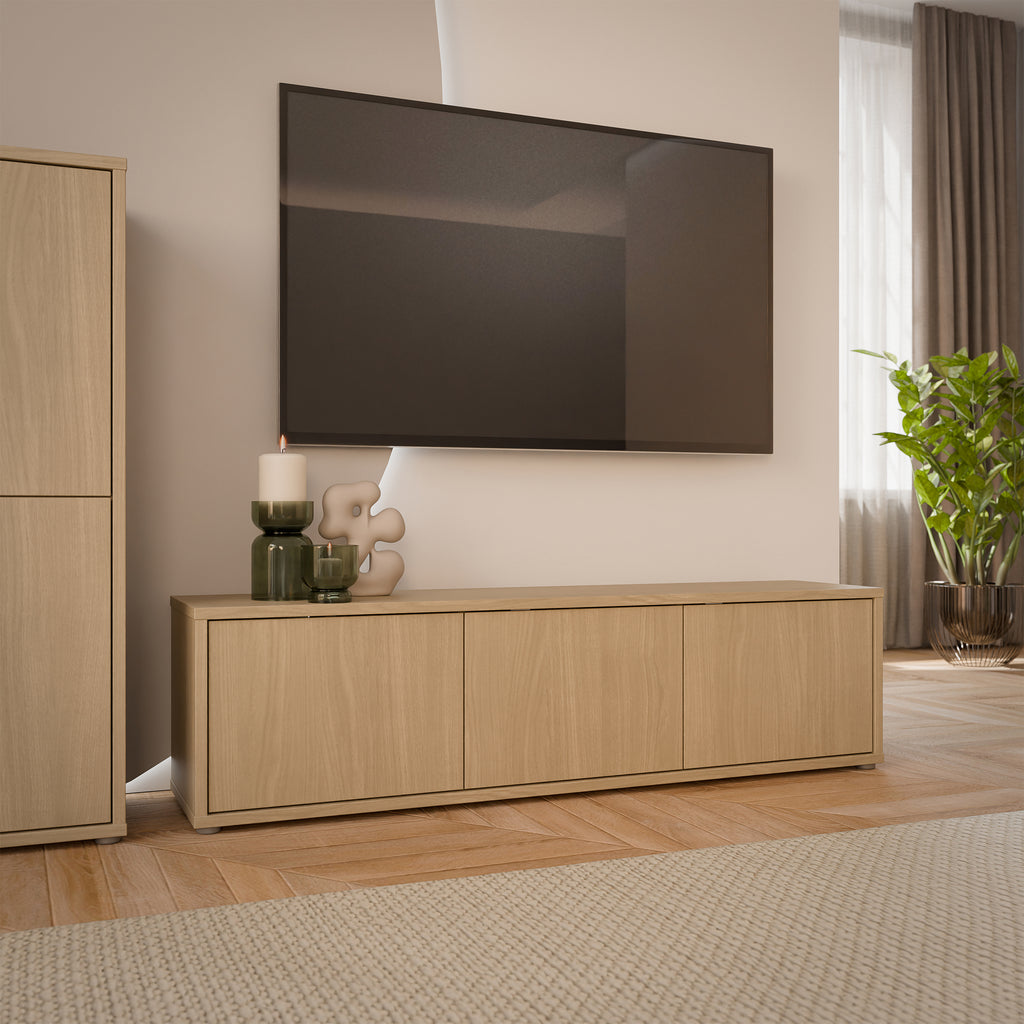 Alyson Wide TV Cabinet with 3 Doors Push-to-Open in Elegancia Oak