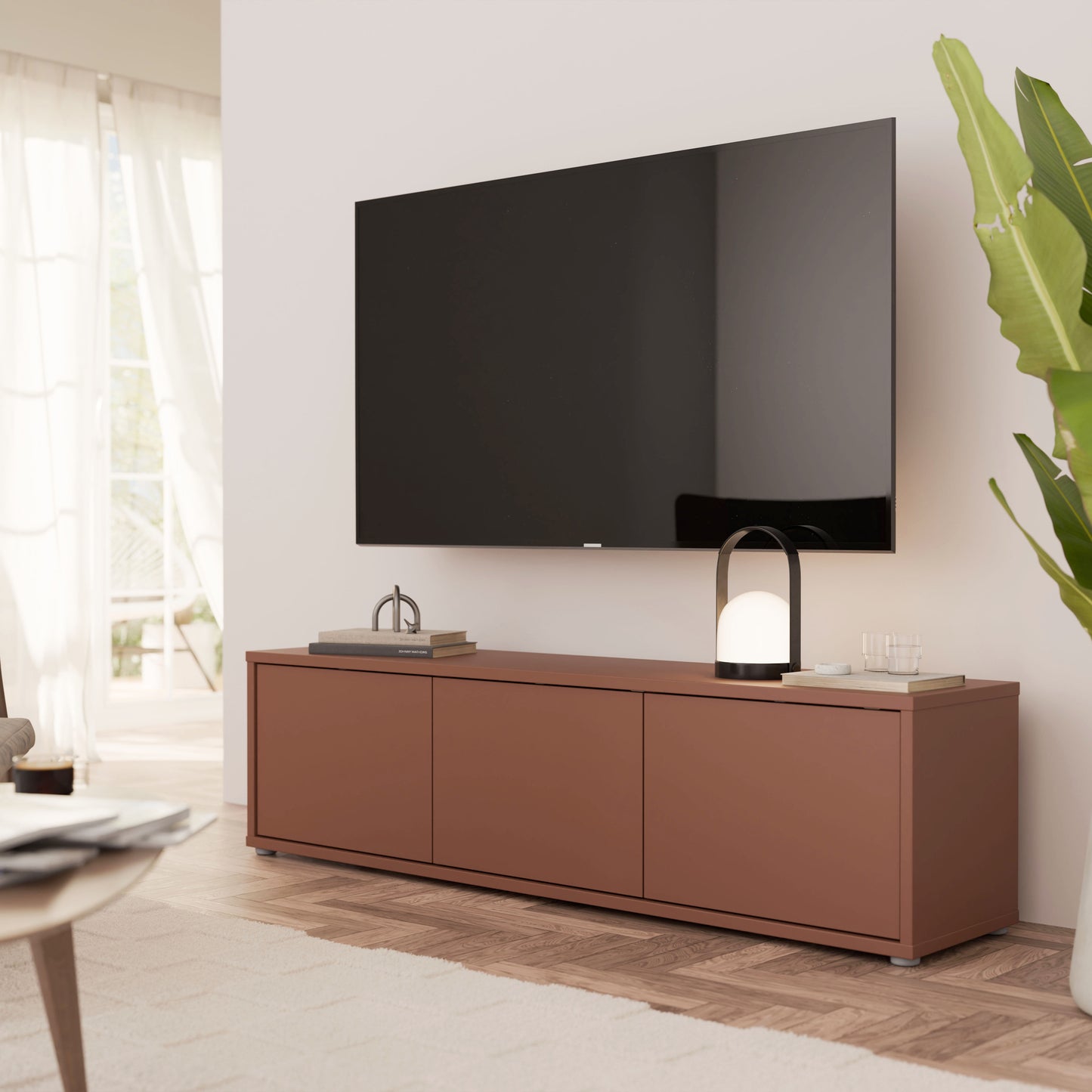 Alyson Wide TV Cabinet with 3 Doors Push-to-Open in Terracotta