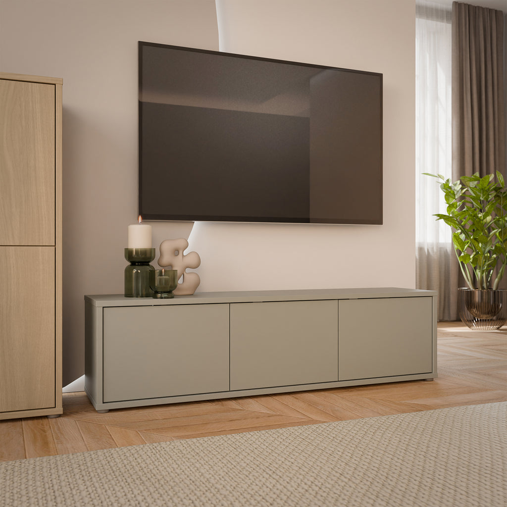 Alyson Wide TV Cabinet with 3 Doors Push-to-Open in Taupe