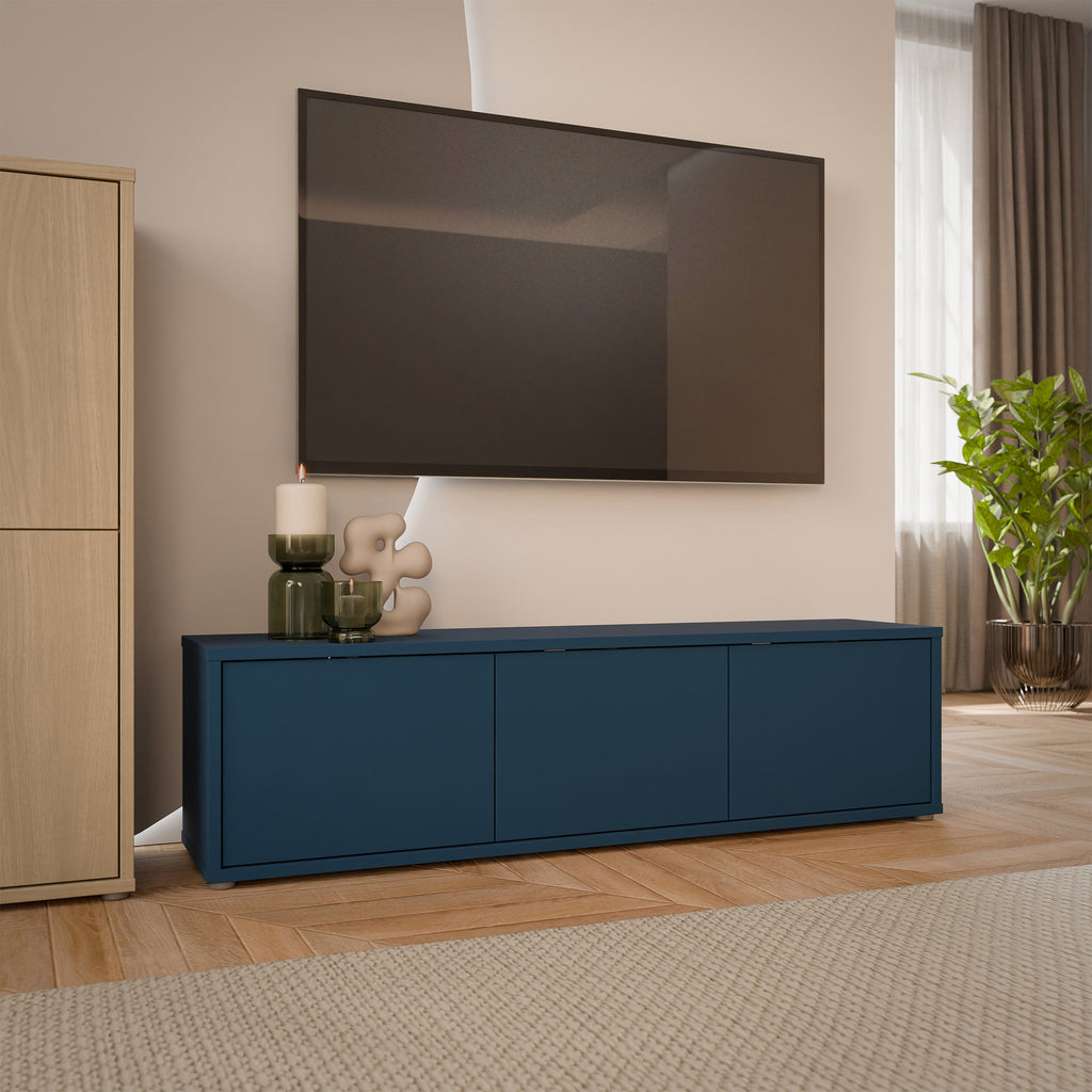 Alyson Wide TV Cabinet with 3 Doors Push-to-Open in Night Blue